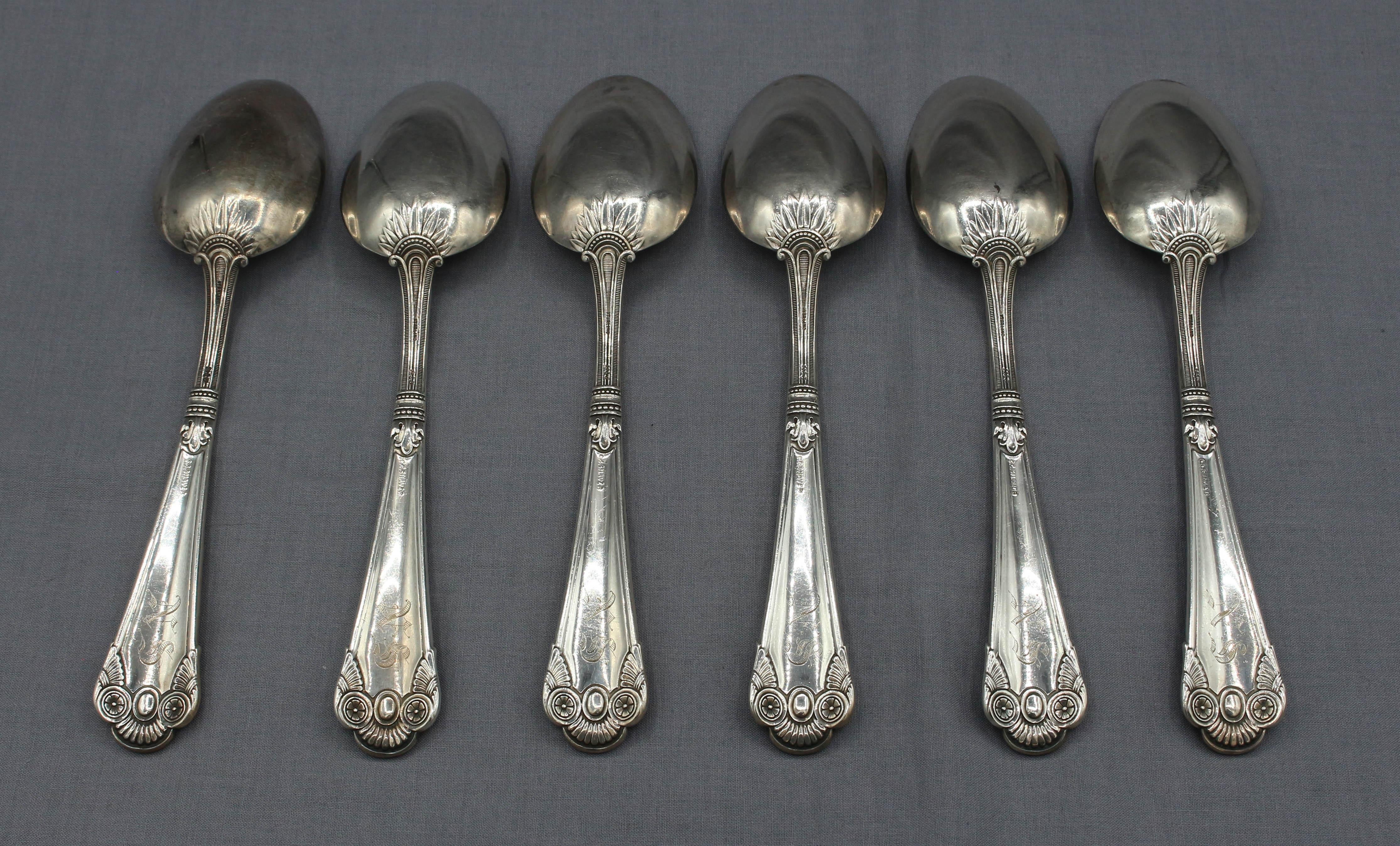 Set of 6 Gorham's Cluny sterling silver tablespoons, 1880-1883. One of the greatest silver designs of the Aesthetic Movement in America. Obverse monogram 