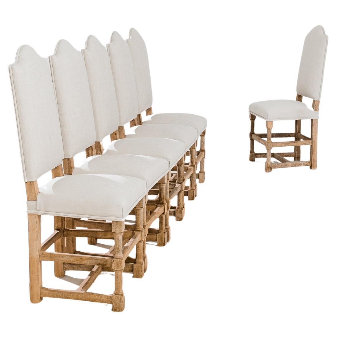 Set of 6 1900s French Bleached Oak Dining Chairs with Upholstered Seat + Back For Sale
