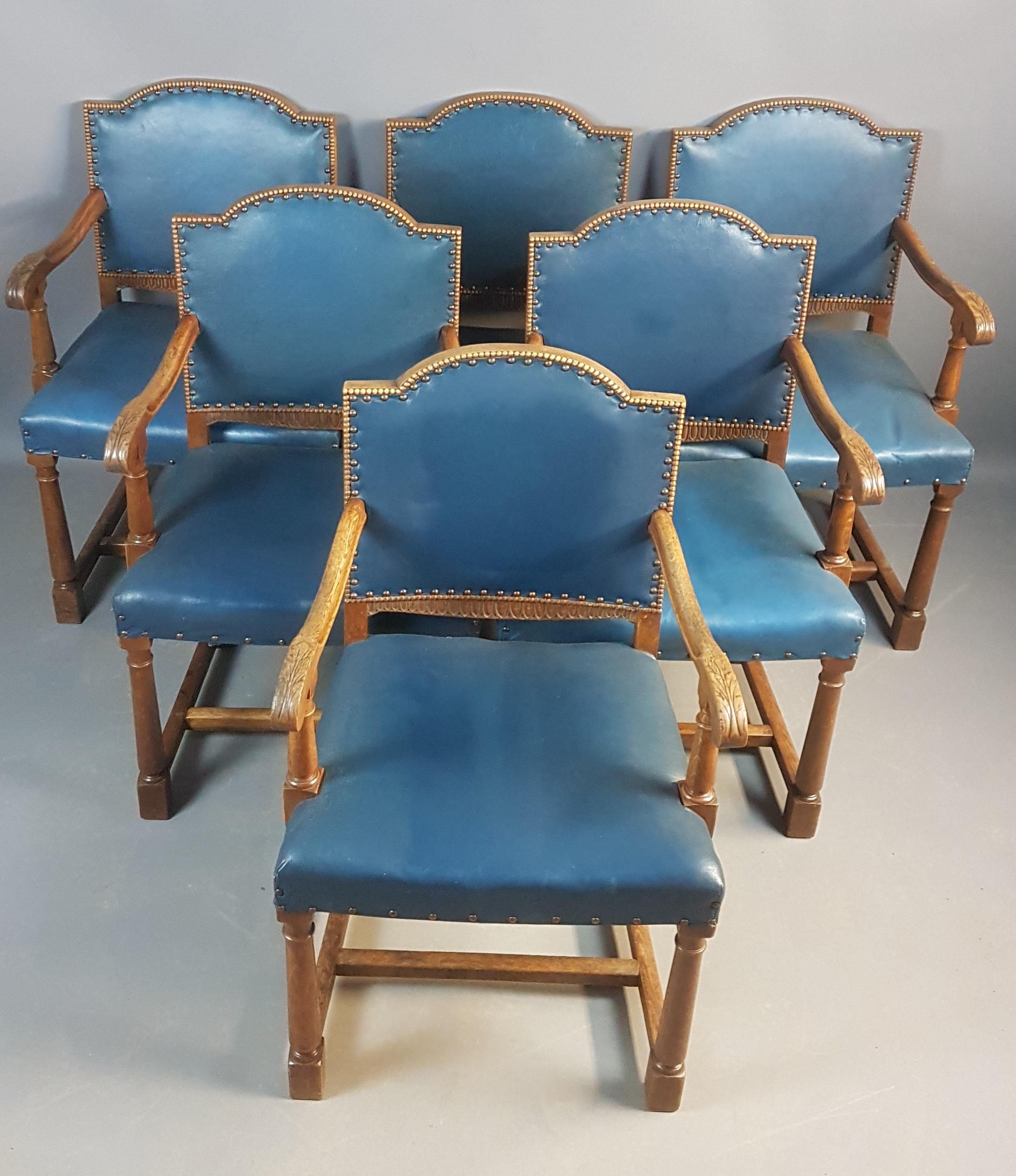 Edwardian Set of 6 1920s Carved Oak Armchairs For Sale