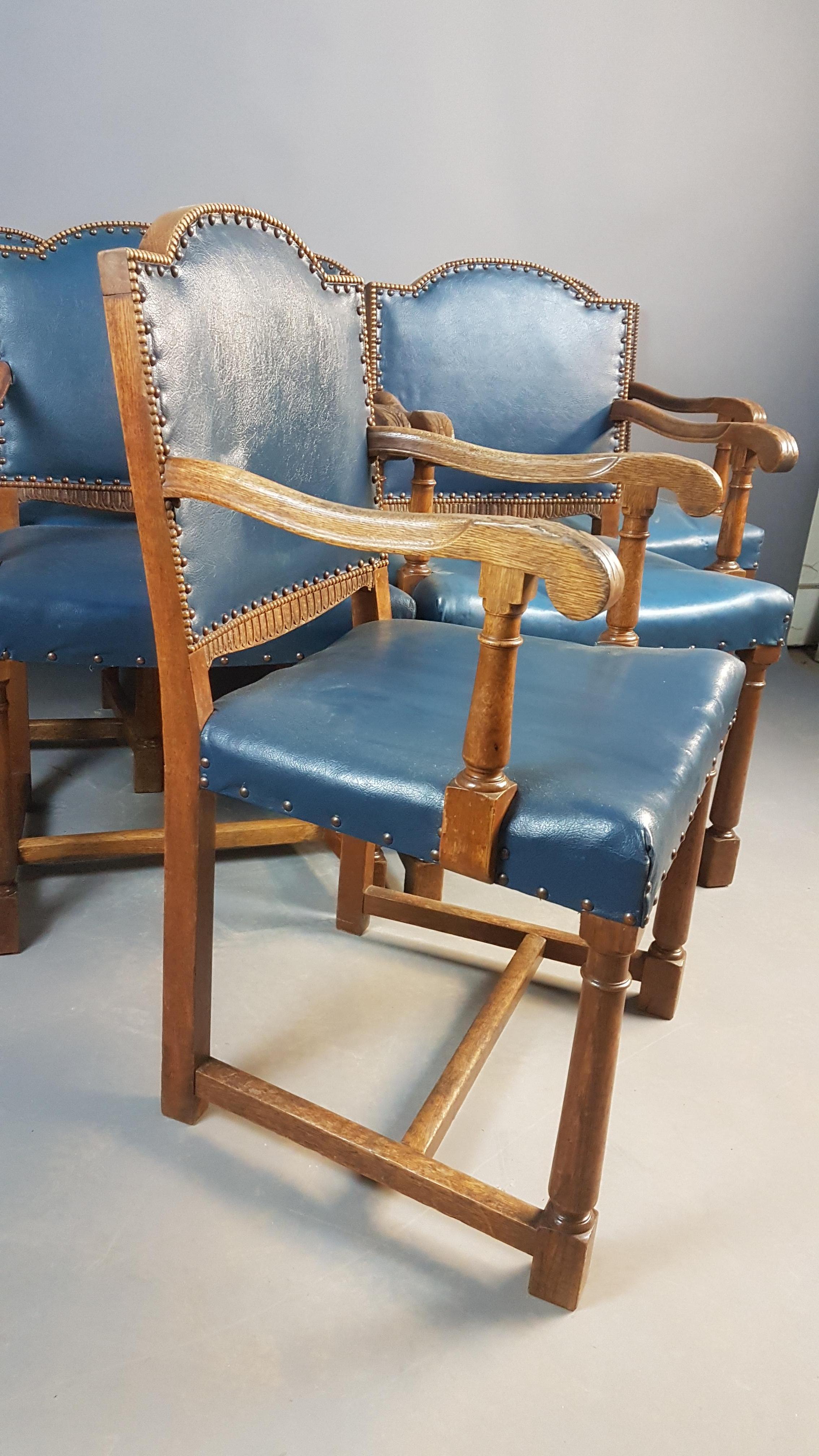 English Set of 6 1920s Carved Oak Armchairs For Sale