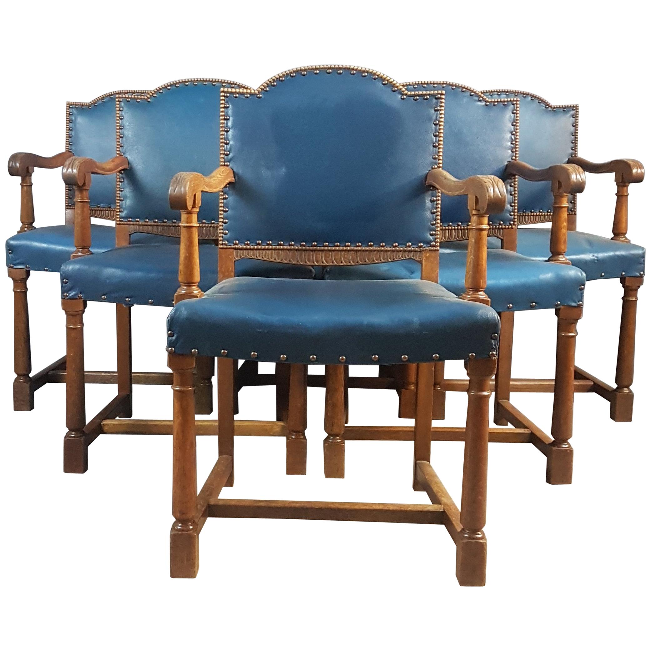 Set of 6 1920s Carved Oak Armchairs For Sale