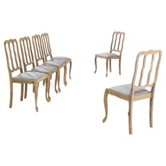 Set of 6, 1920s French Bleached Oak Dining Chairs with Upholstered Seats