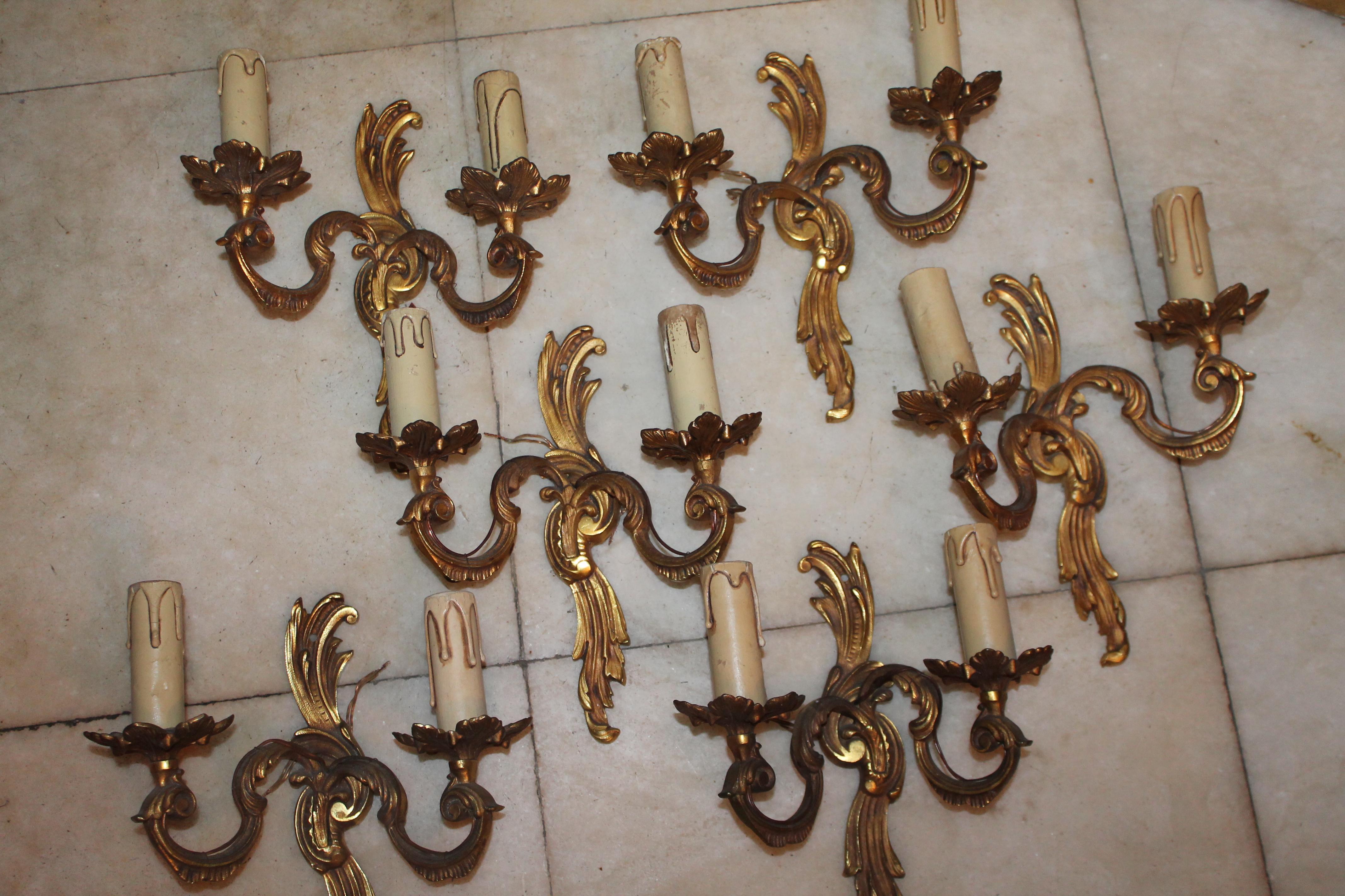 Set of 6 1940's French Louis XV style Dore Bronze Wall Sconces after A. Petitot In Good Condition For Sale In Opa Locka, FL