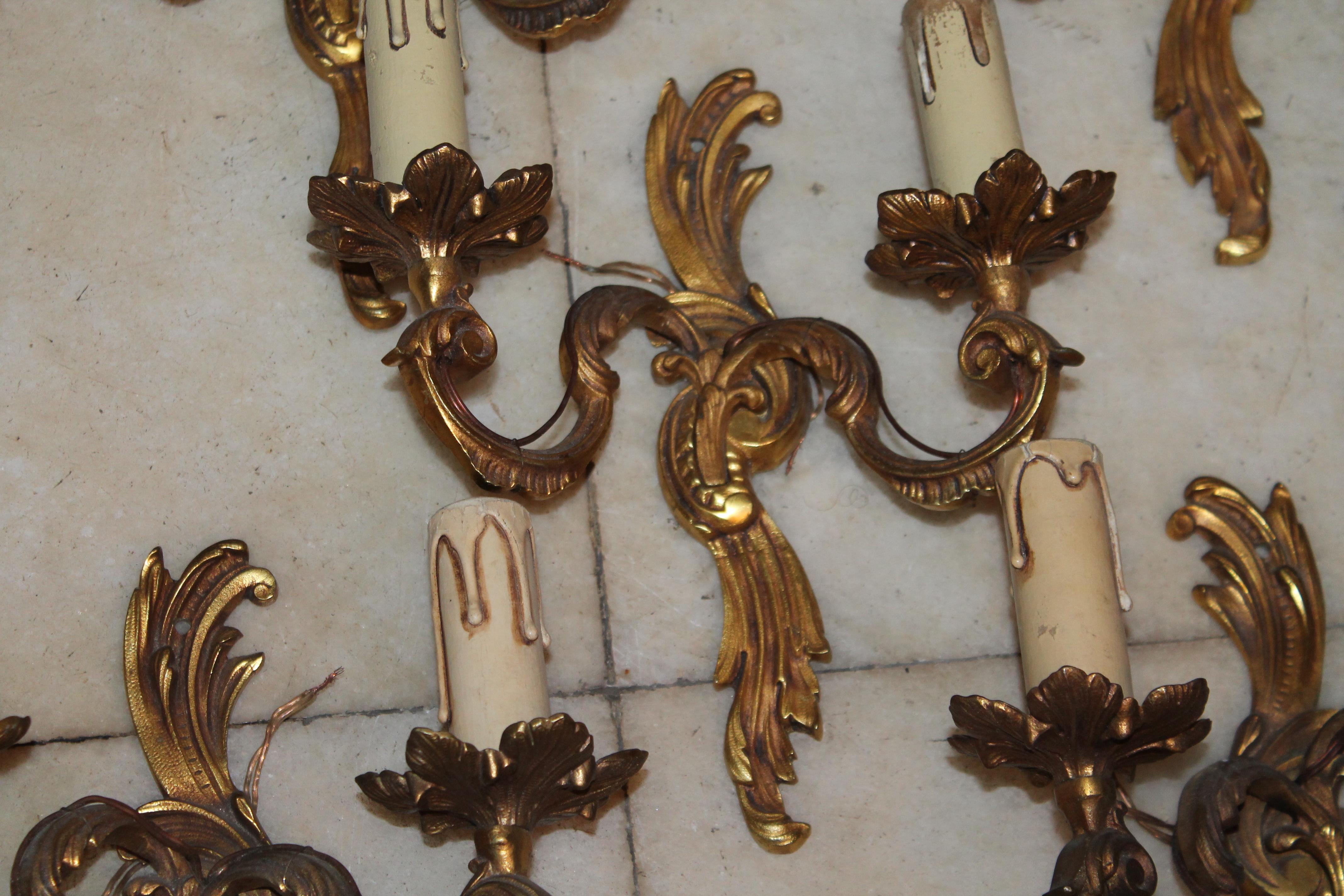 Set of 6 1940's French Louis XV style Dore Bronze Wall Sconces after A. Petitot For Sale 1