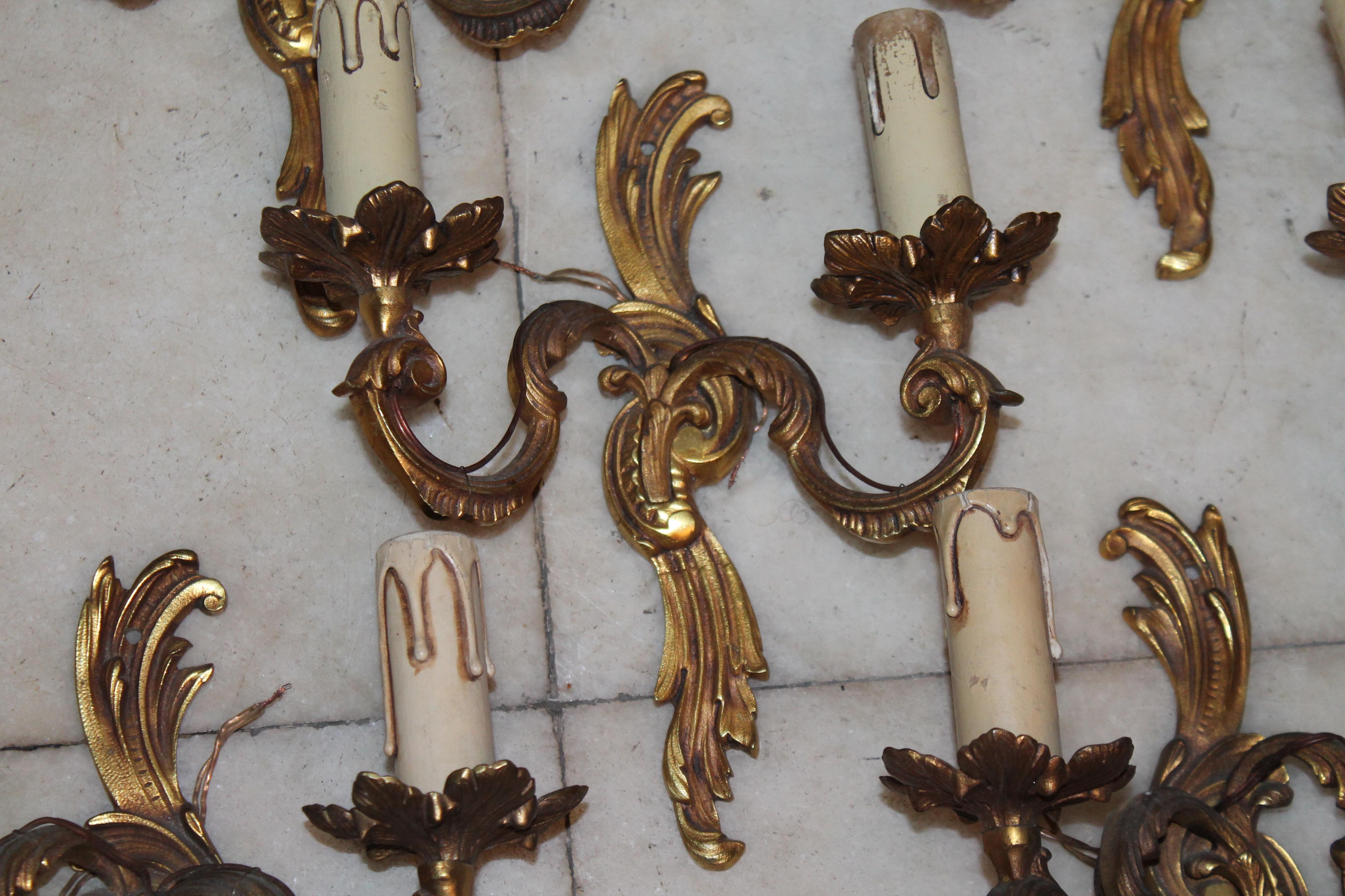 Set of 6 1940's French Louis XV style Dore Bronze Wall Sconces after A. Petitot For Sale 2
