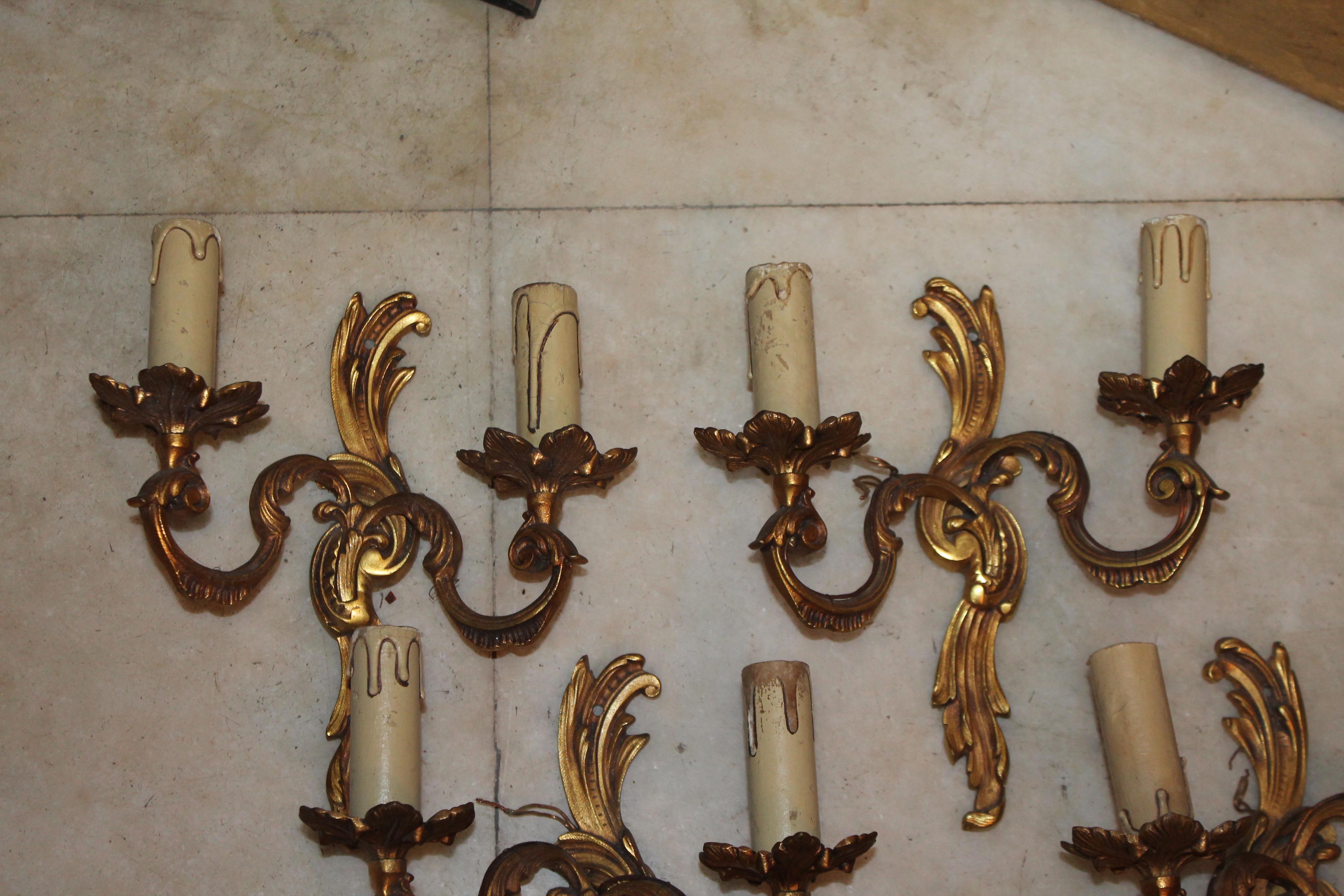 Set of 6 1940's French Louis XV style Dore Bronze Wall Sconces after A. Petitot For Sale 4