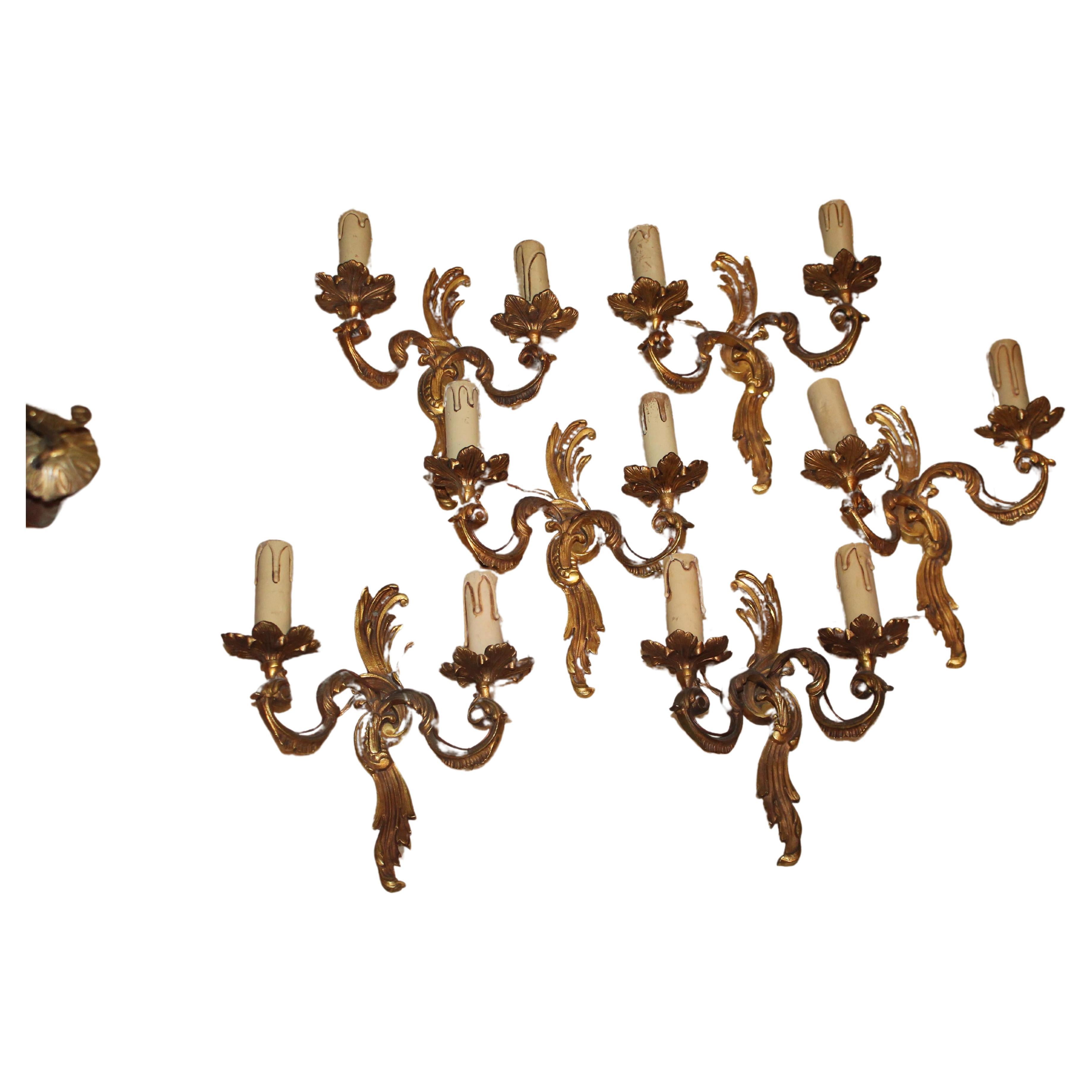 Set of 6 1940's French Louis XV style Dore Bronze Wall Sconces after A. Petitot For Sale