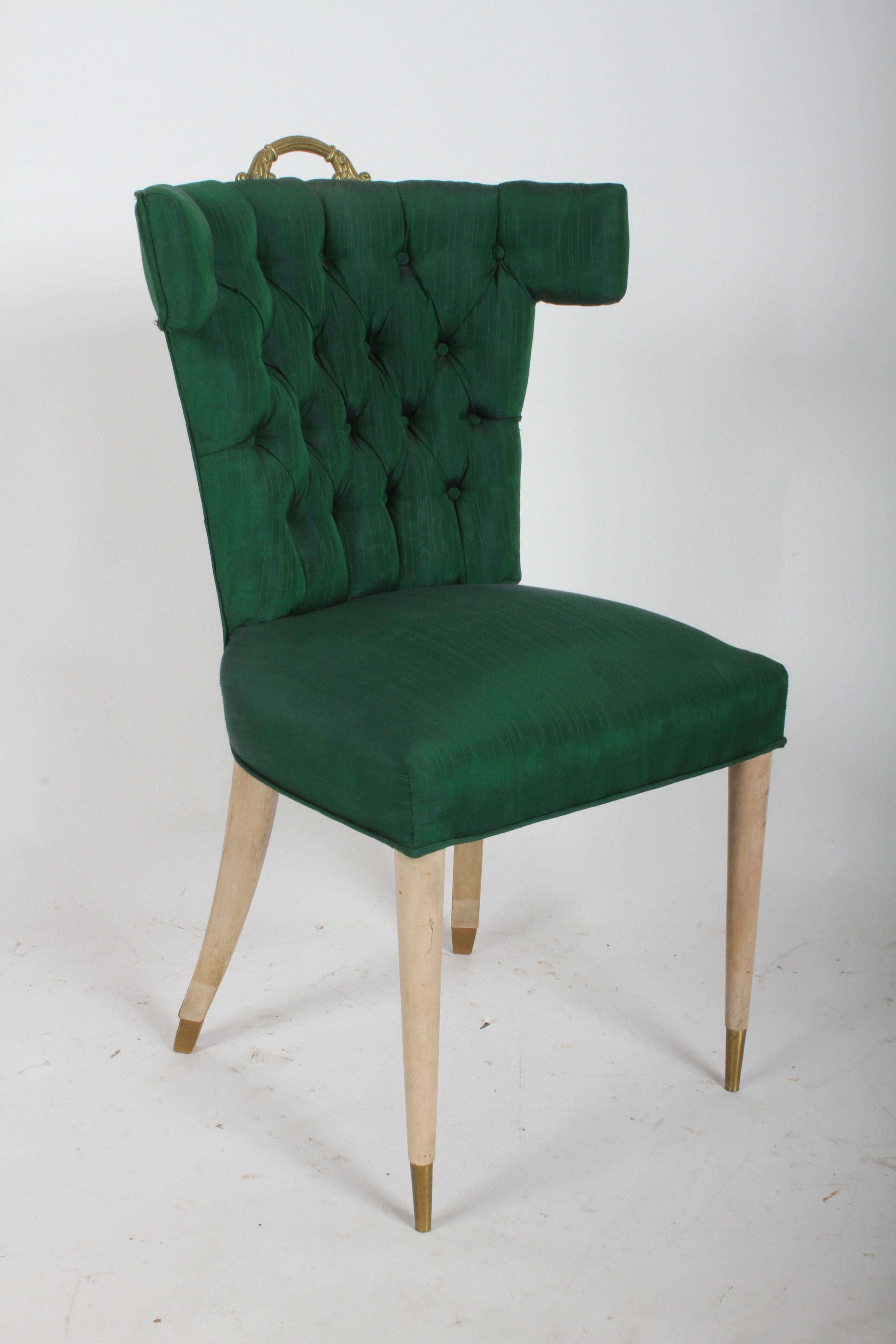 Set of 6 Glamorous Hollywood Regency Dining chairs with tufted curved backs, splayed rear legs with brass koi fish handles. Shown in original hunter green silk upholstery,  possibly older repainted legs, front brass sabots. These are a complete