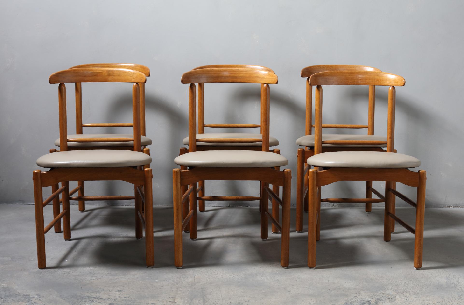 Greta Magnusson Grossman 1950s Set of Six Dining Chairs Bleached walnut, leather. Designer and architect Greta Magnusson-Grossman first gained fame in her native Sweden, where she established her store and workshop and became the first woman to