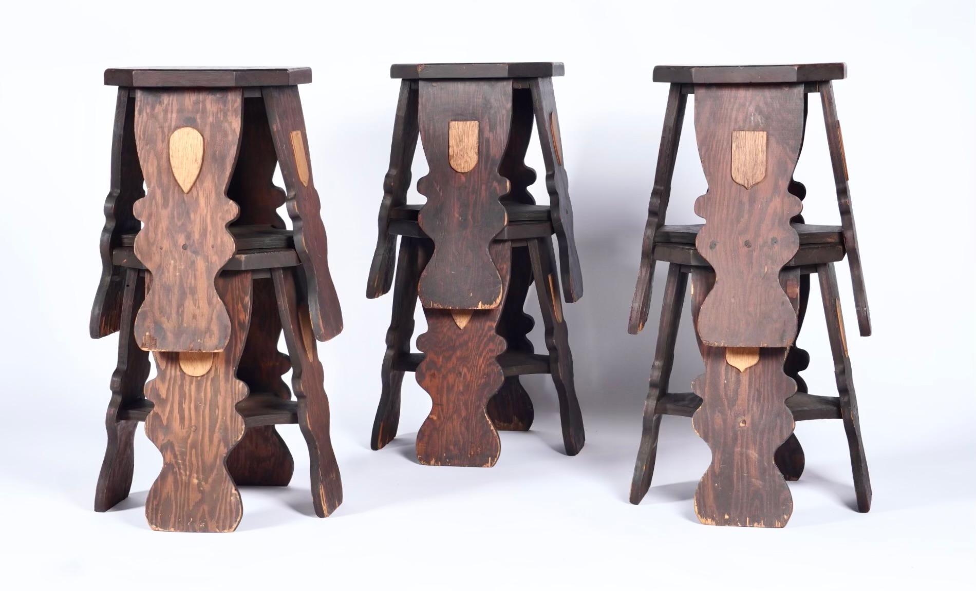 Arts and Crafts Set of 6 - 1950s Hand-made Plywood Stacking Stools from a Masonic Temple