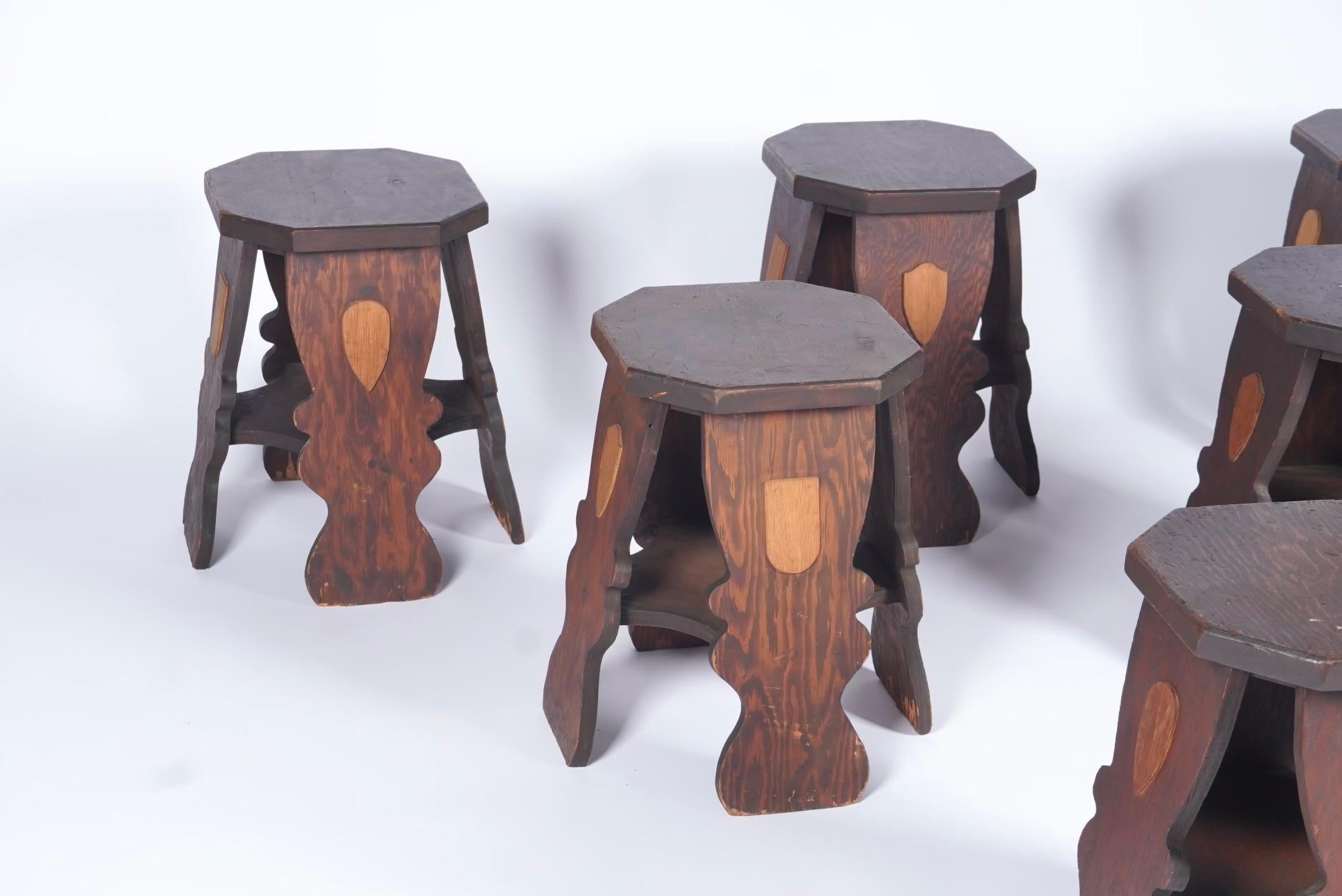 American Set of 6 - 1950s Hand-made Plywood Stacking Stools from a Masonic Temple