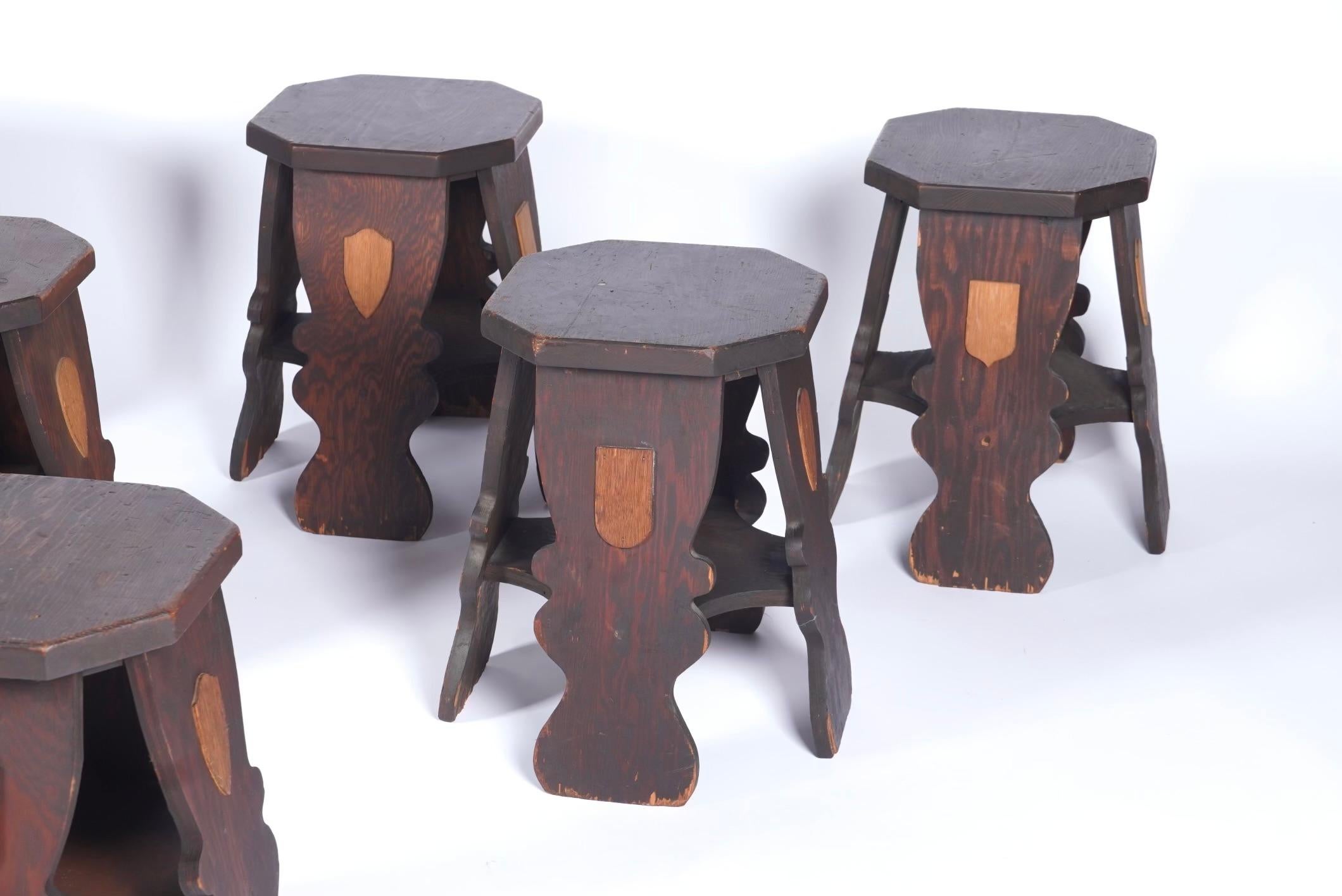 Hand-Crafted Set of 6 - 1950s Hand-made Plywood Stacking Stools from a Masonic Temple