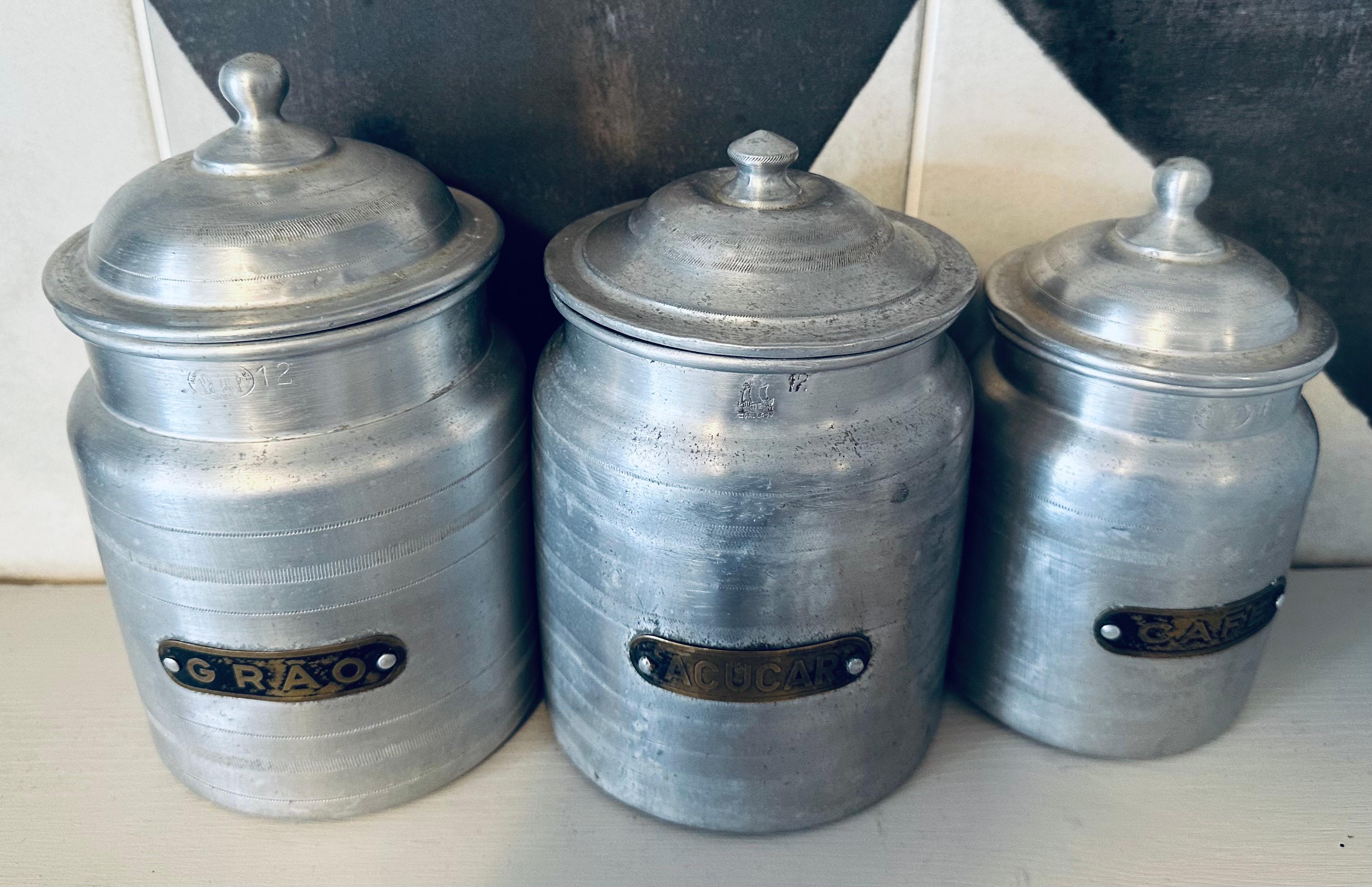 Set of 6 1960s Aluminium & Brass Portuguese Rustic Kitchen Storage Canisters 2