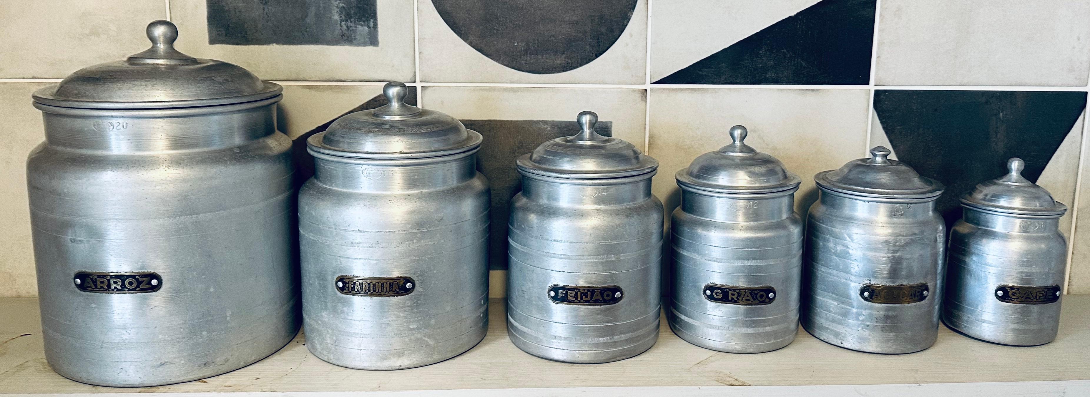 Set of 6 decorative and functional Portuguese kitchen storage jars for both modern and rustic style kitchens to add an air of vintage times past, interest and fun. The canisters are very useful and not only can they be used for decoration but to