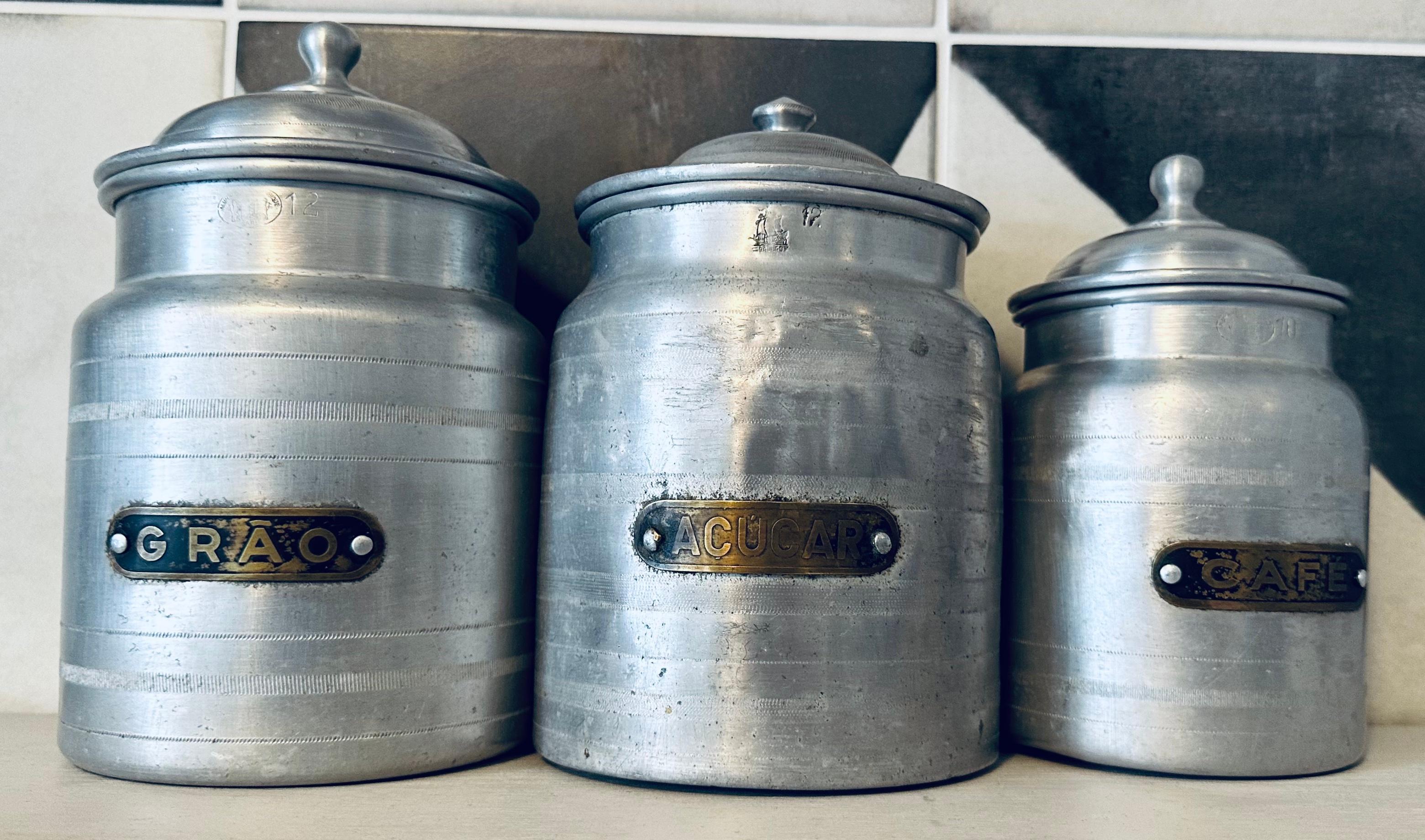Aluminum Set of 6 1960s Aluminium & Brass Portuguese Rustic Kitchen Storage Canisters