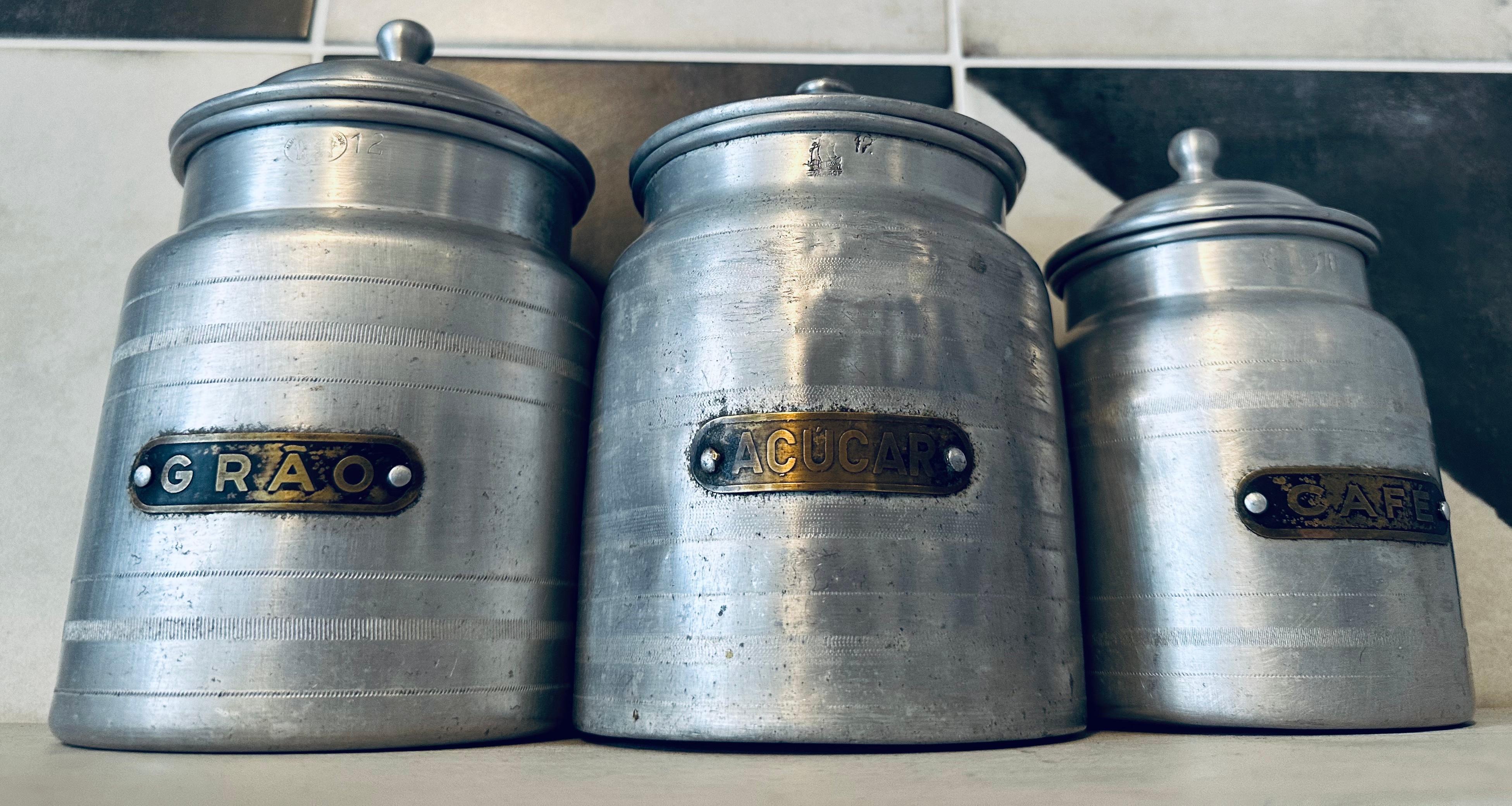 Set of 6 1960s Aluminium & Brass Portuguese Rustic Kitchen Storage Canisters 1