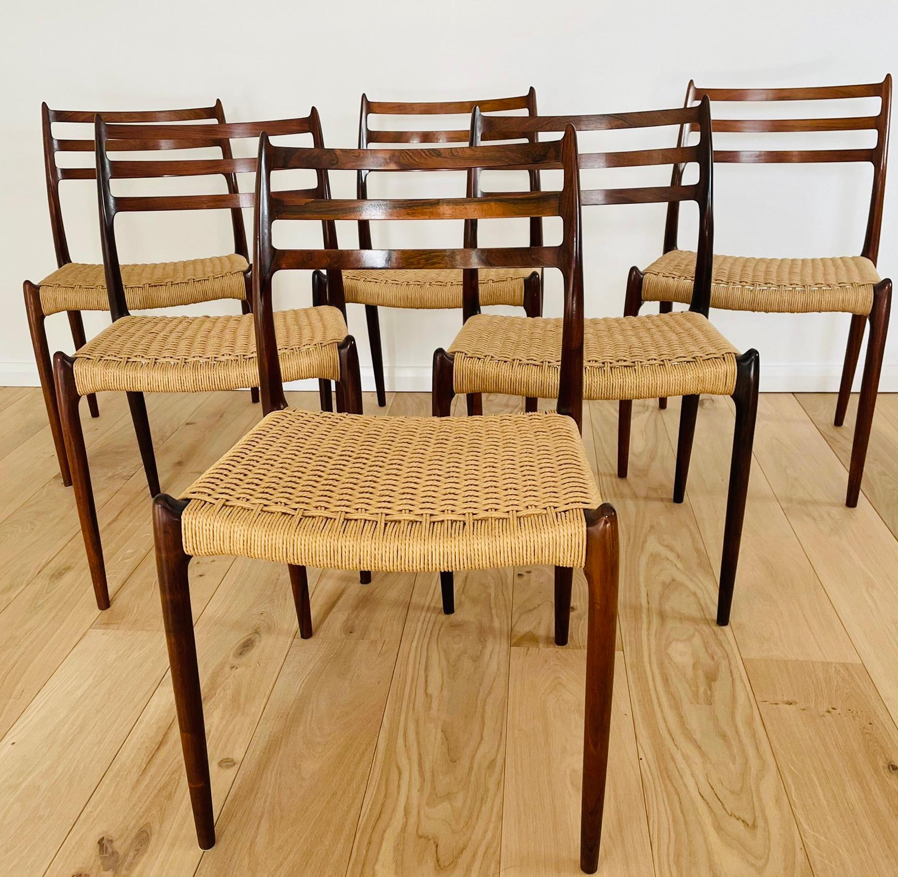 Mid-Century Modern Set of 6 1960s Danish Niels Møller Model 78 Rosewood Dining Chairs J. L. Møller