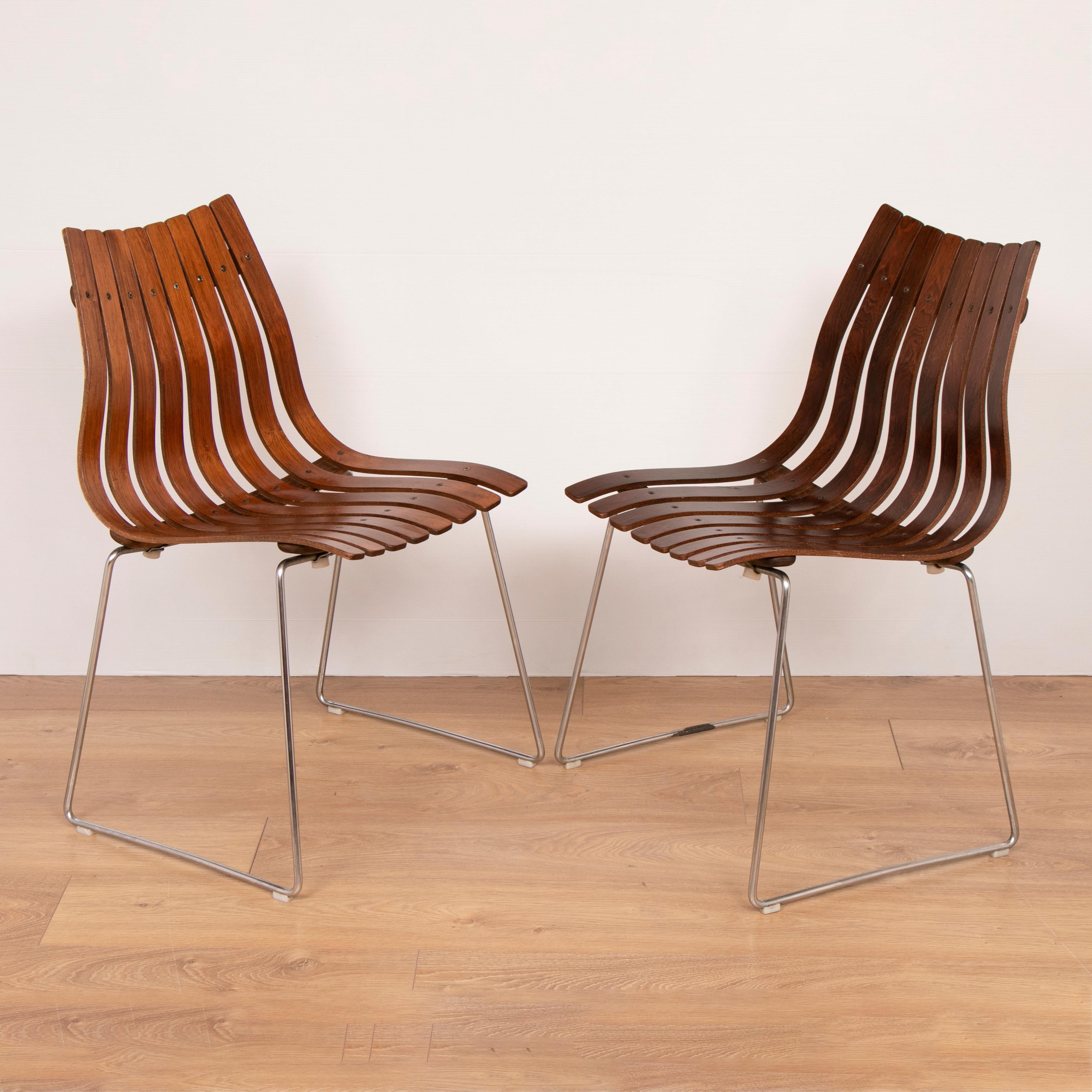 Mid-Century Modern Set of 6 1960s Norwegian Rosewood and Chrome Dining Chairs by Hans Brattrud