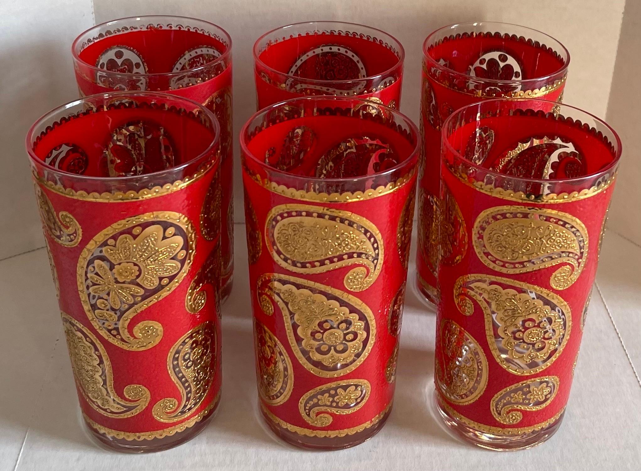 Set of 6 1960s red paisley highball glasses by Culver. Red and gold all over paisley design.