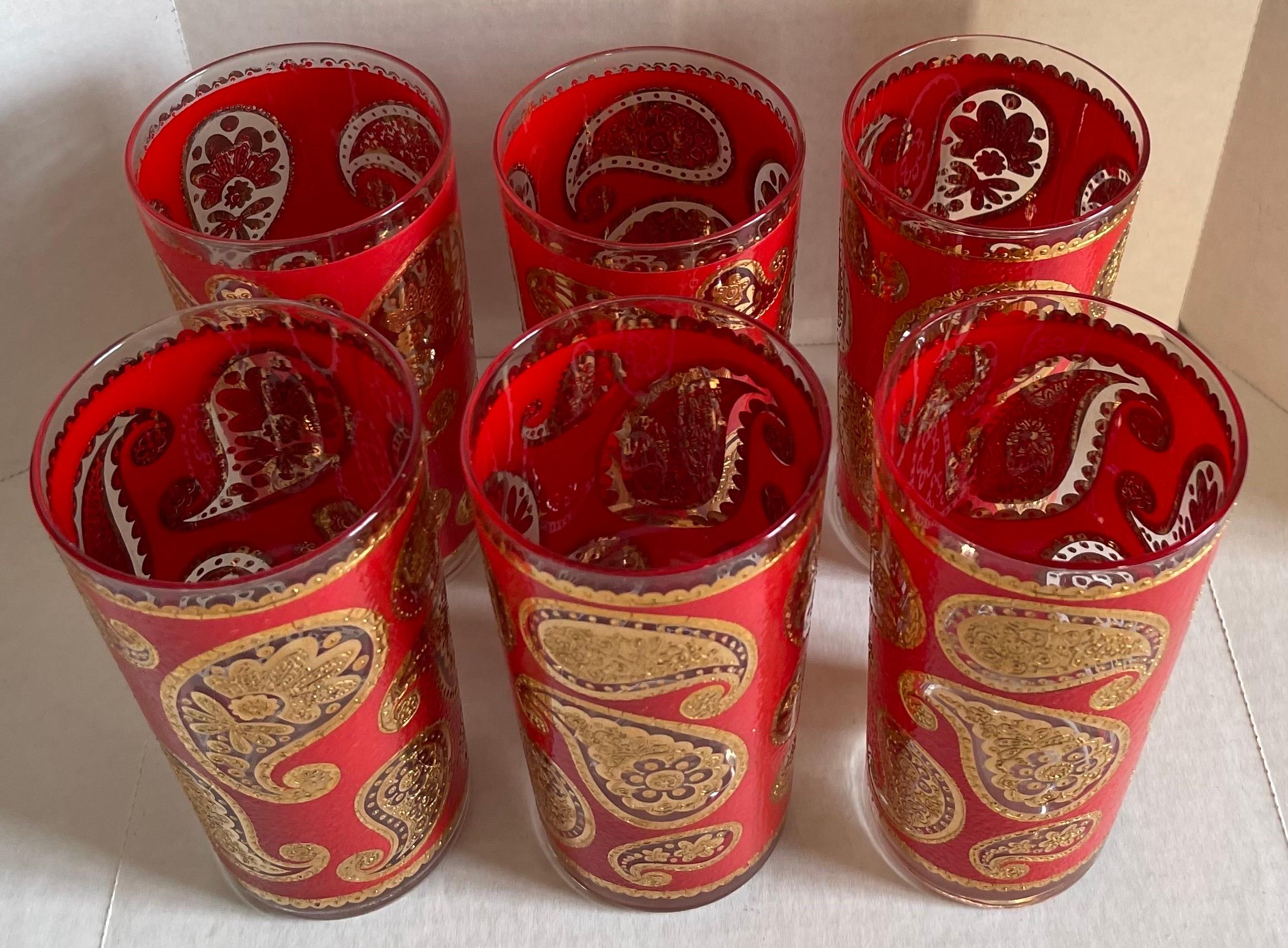 Hollywood Regency Set of 6 1960s Red & Gold Paisley Highball Glasses by Culver For Sale