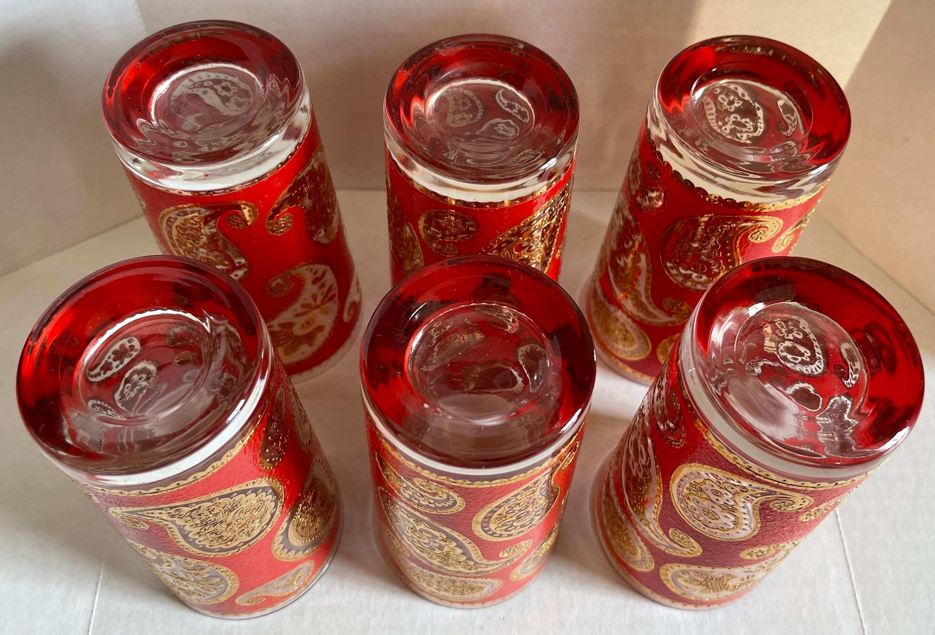 Américain Ensemble de 6 verres hauts à motif cachemire rouge et or des années 1960 par Culver en vente