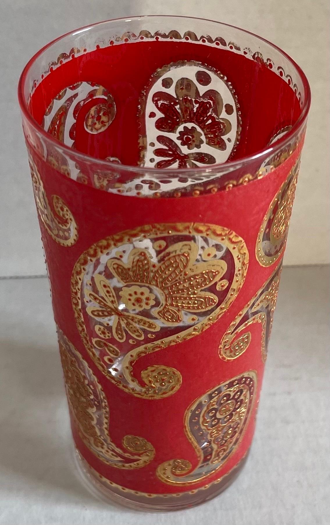 Mid-20th Century Set of 6 1960s Red & Gold Paisley Highball Glasses by Culver For Sale