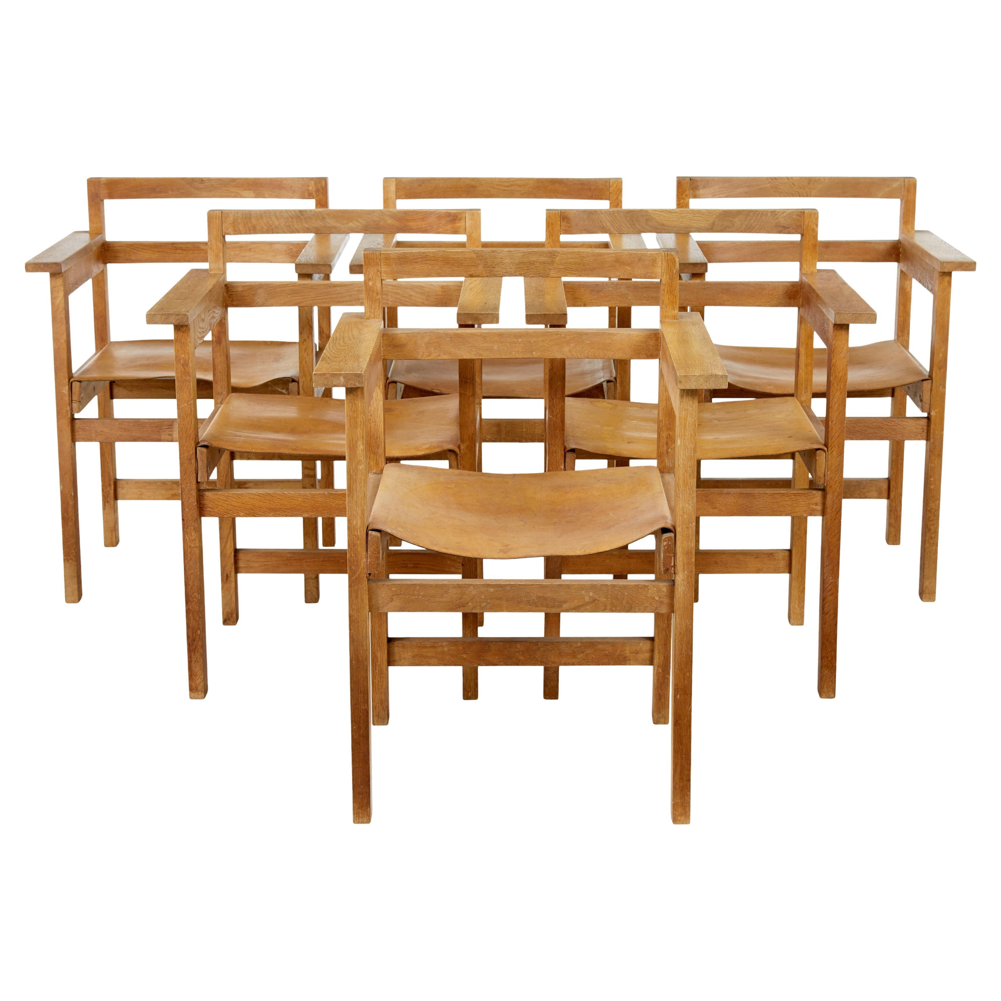 Ensemble de 6 fauteuils modernes scandinaves en chêne et cuir des années 1960 en vente