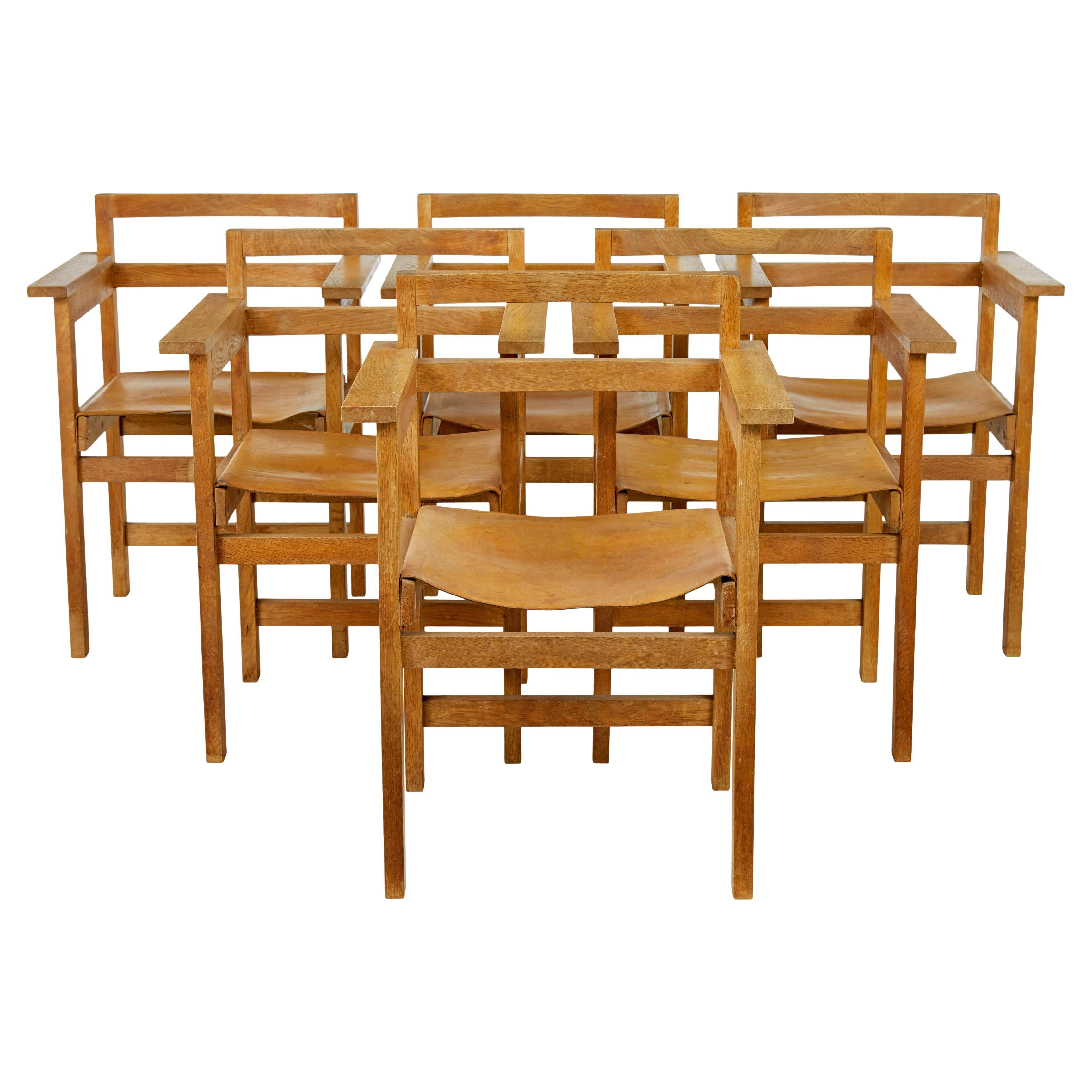 Set of 6 1960’s Scandinavian modern oak and leather armchairs