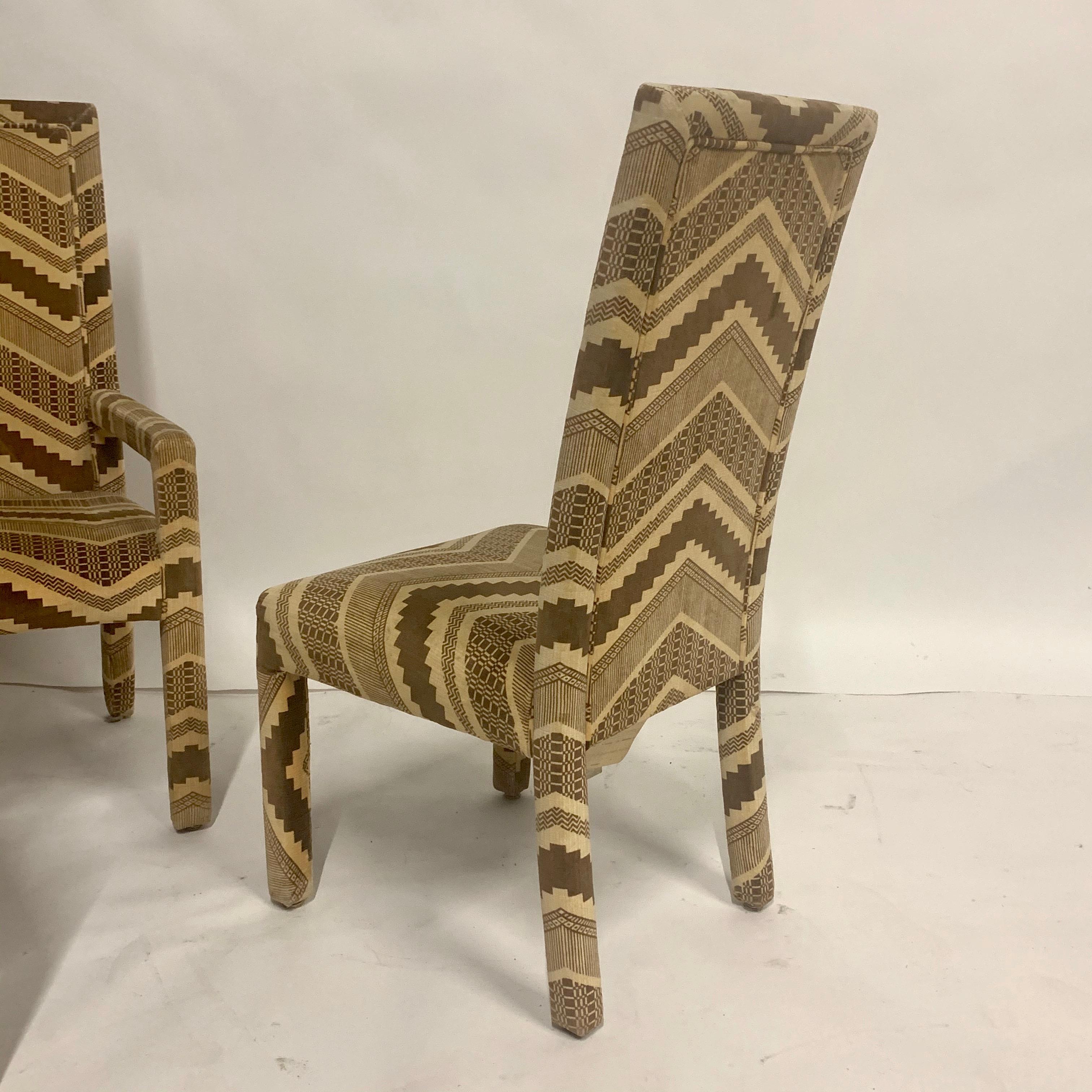 Set of 6 1970s Glam Zig Zag Parsons or Tuxedo Velvet Upholstered Dining Chairs 1