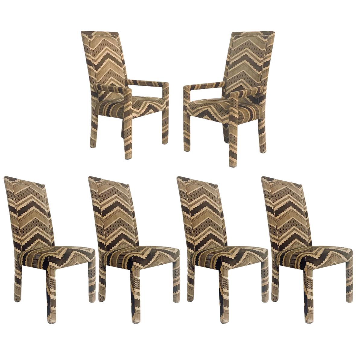 Set of 6 1970s Glam Zig Zag Parsons or Tuxedo Velvet Upholstered Dining Chairs