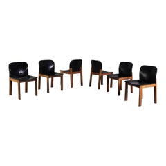 Set of 6 1970s italian dining chairs in wood and leather
