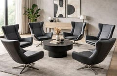 Set of 6 1970's Vintage Swivel Office/ Lounge Chairs in Black Leather