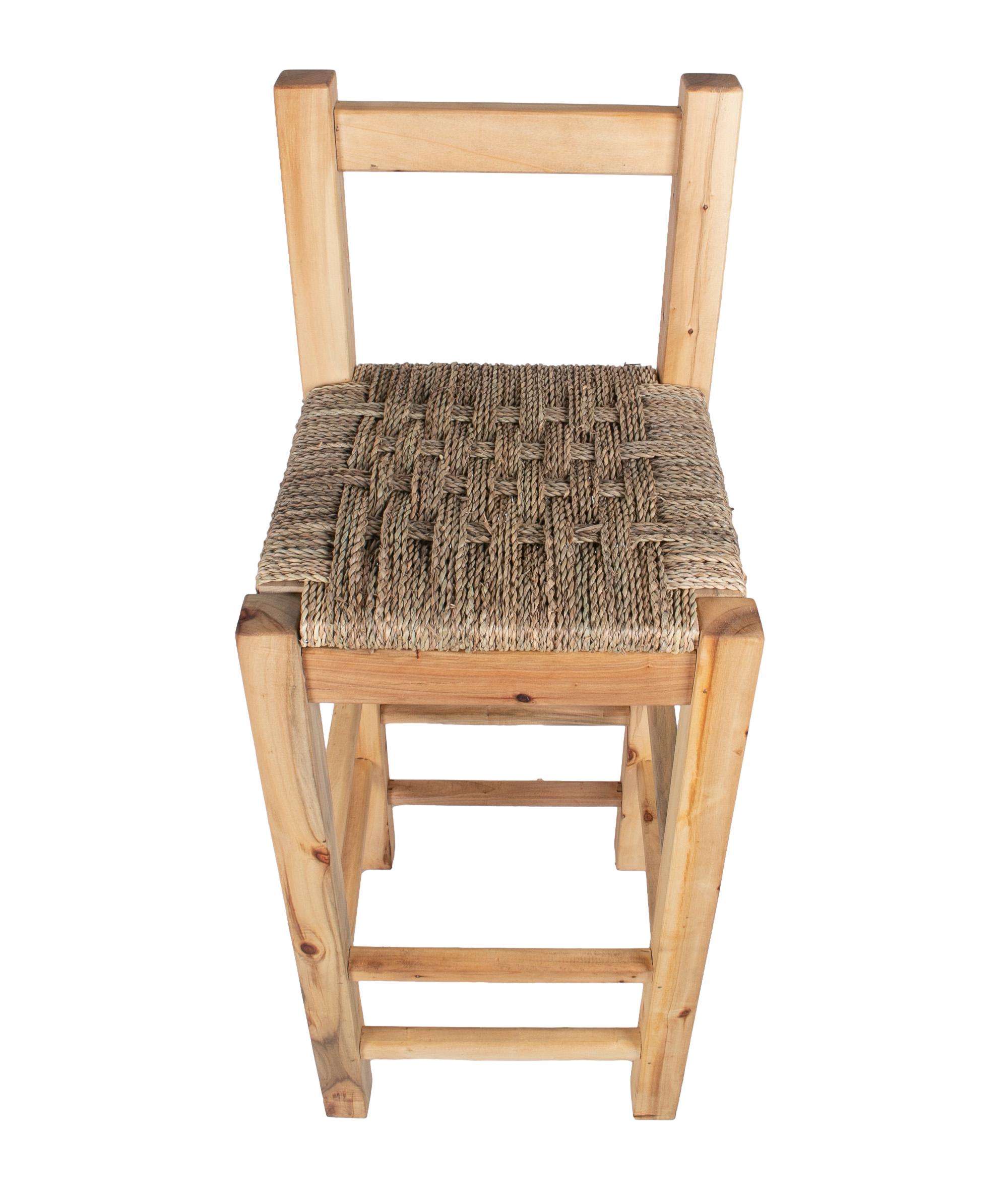 Set of 6 1990s Spanish wooden rope bottomed stools with backrest.