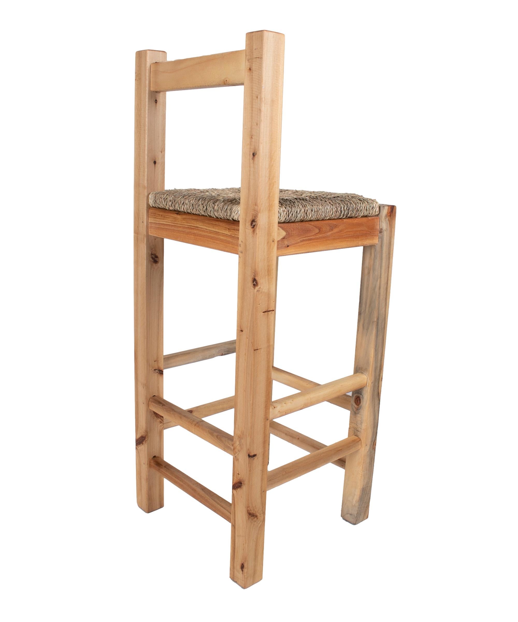 20th Century Set of 6 1990s Spanish Wooden Rope Bottomed Stools w/ Backrest For Sale