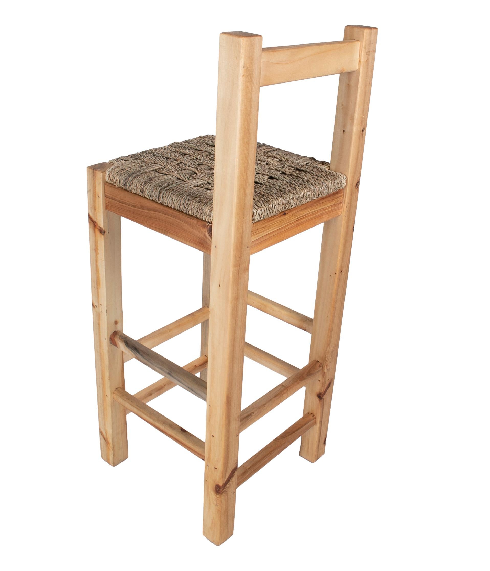 Set of 6 1990s Spanish Wooden Rope Bottomed Stools w/ Backrest For Sale 1