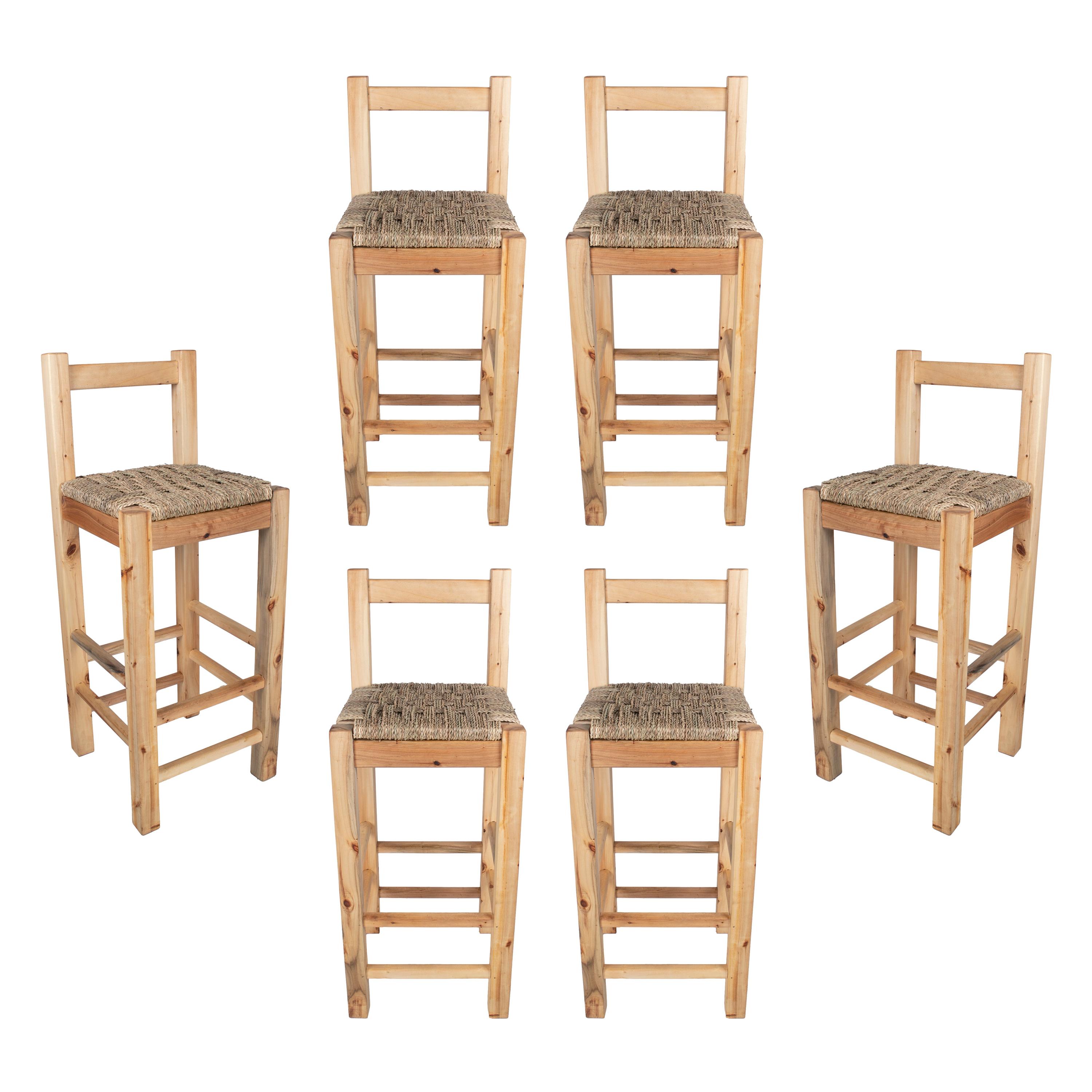 Set of 6 1990s Spanish Wooden Rope Bottomed Stools w/ Backrest For Sale