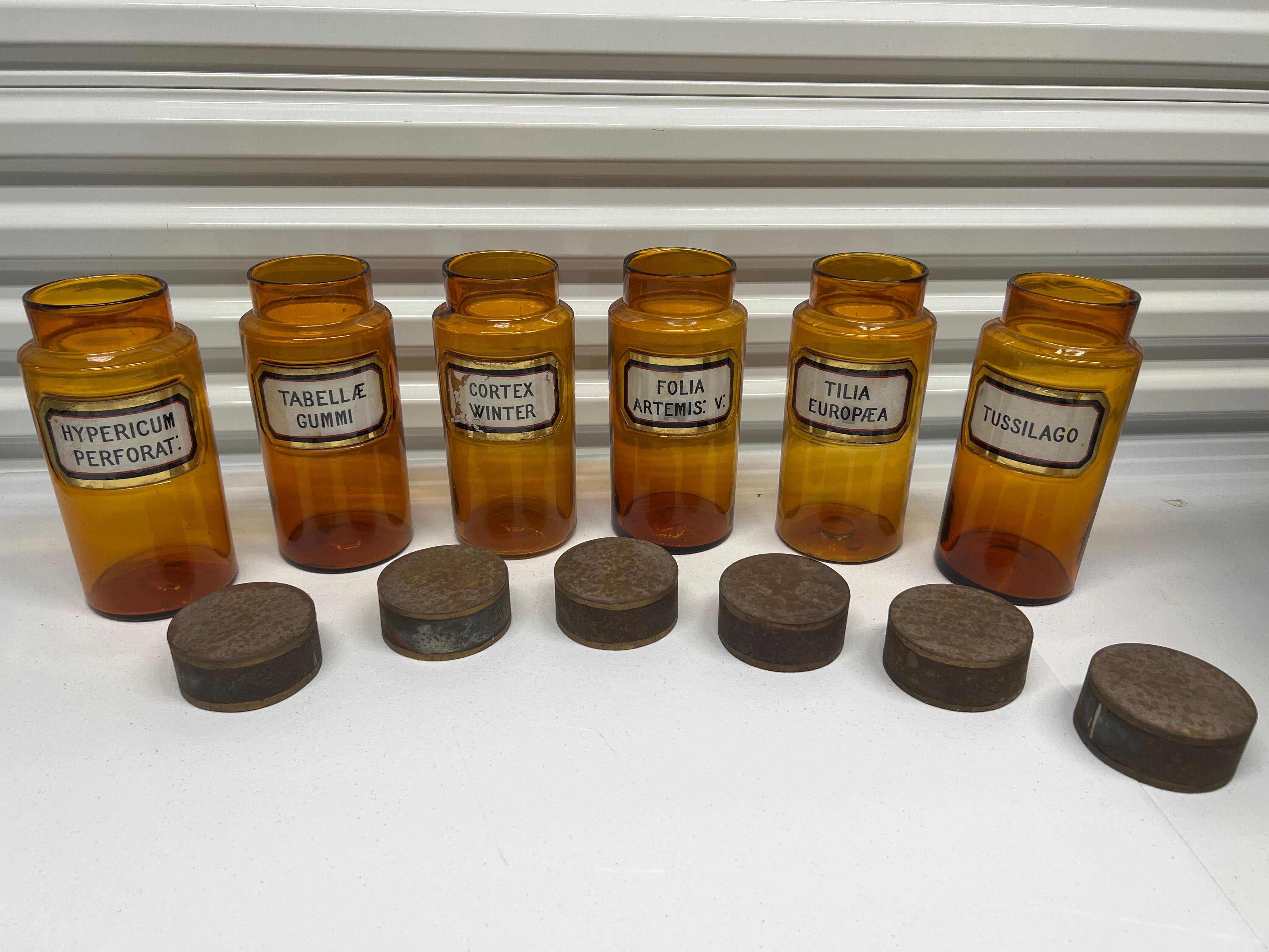 Ensemble de 6 bouteilles d'apothicaire françaises en verre ambré du 19e siècle de la succession J&Johnson Bon état - En vente à Atlanta, GA