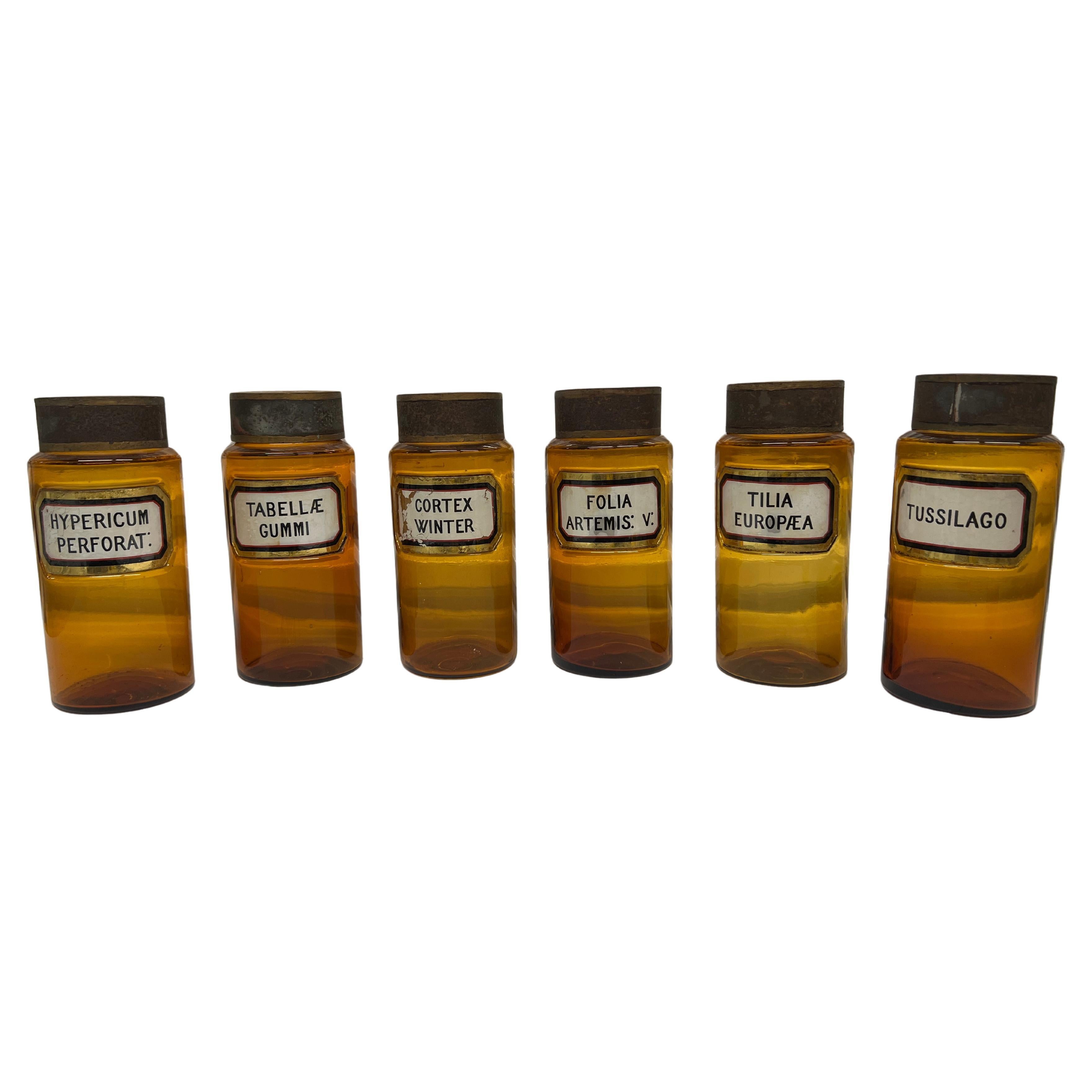 Ensemble de 6 bouteilles d'apothicaire françaises en verre ambré du 19e siècle de la succession J&Johnson