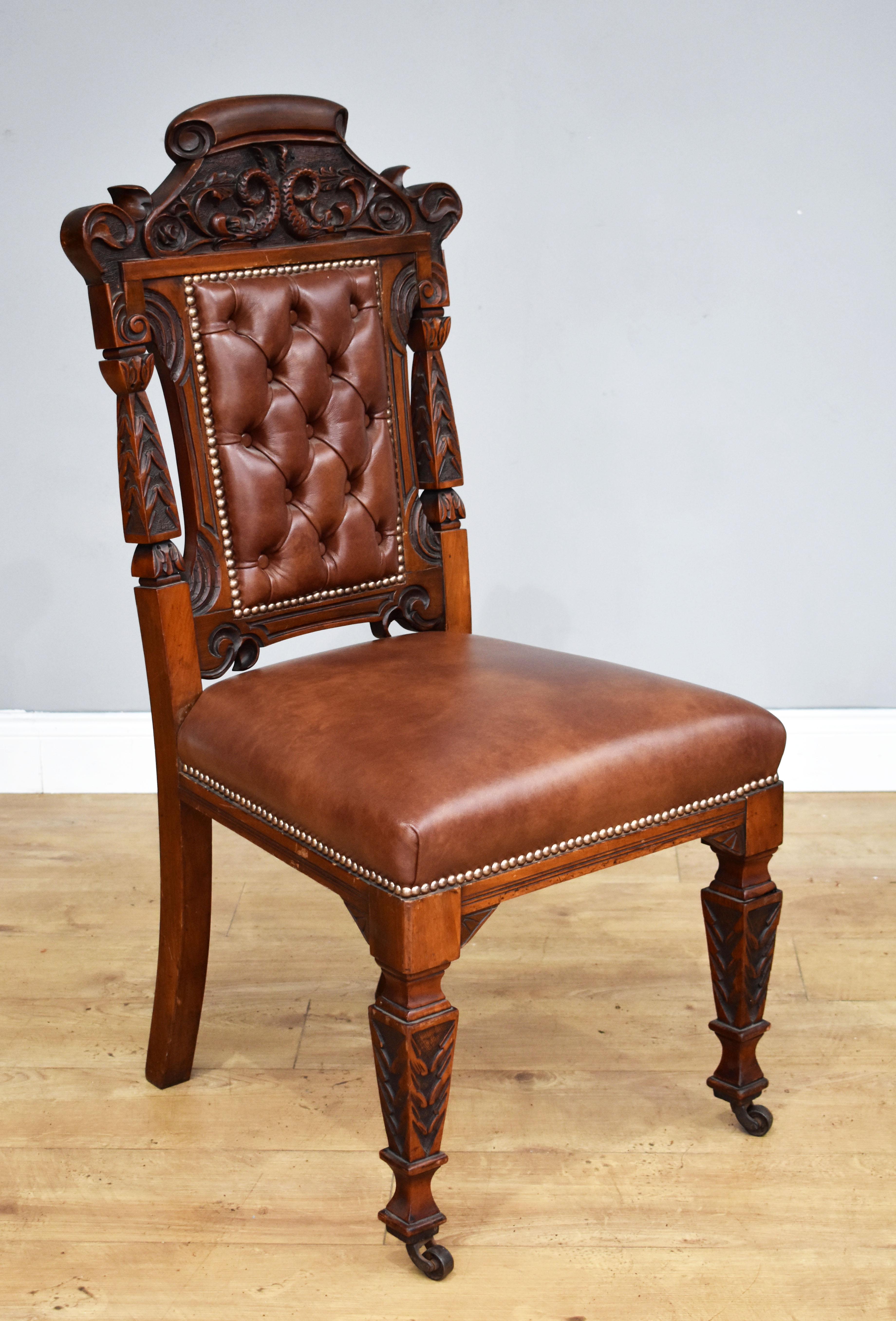 For sale is a fine quality set of 6 Victorian carved walnut dining chairs, having a deep buttoned upholstered back, above a stuff over seat, standing on carved legs terminating on castors. All of the chairs are in good condition, remaining