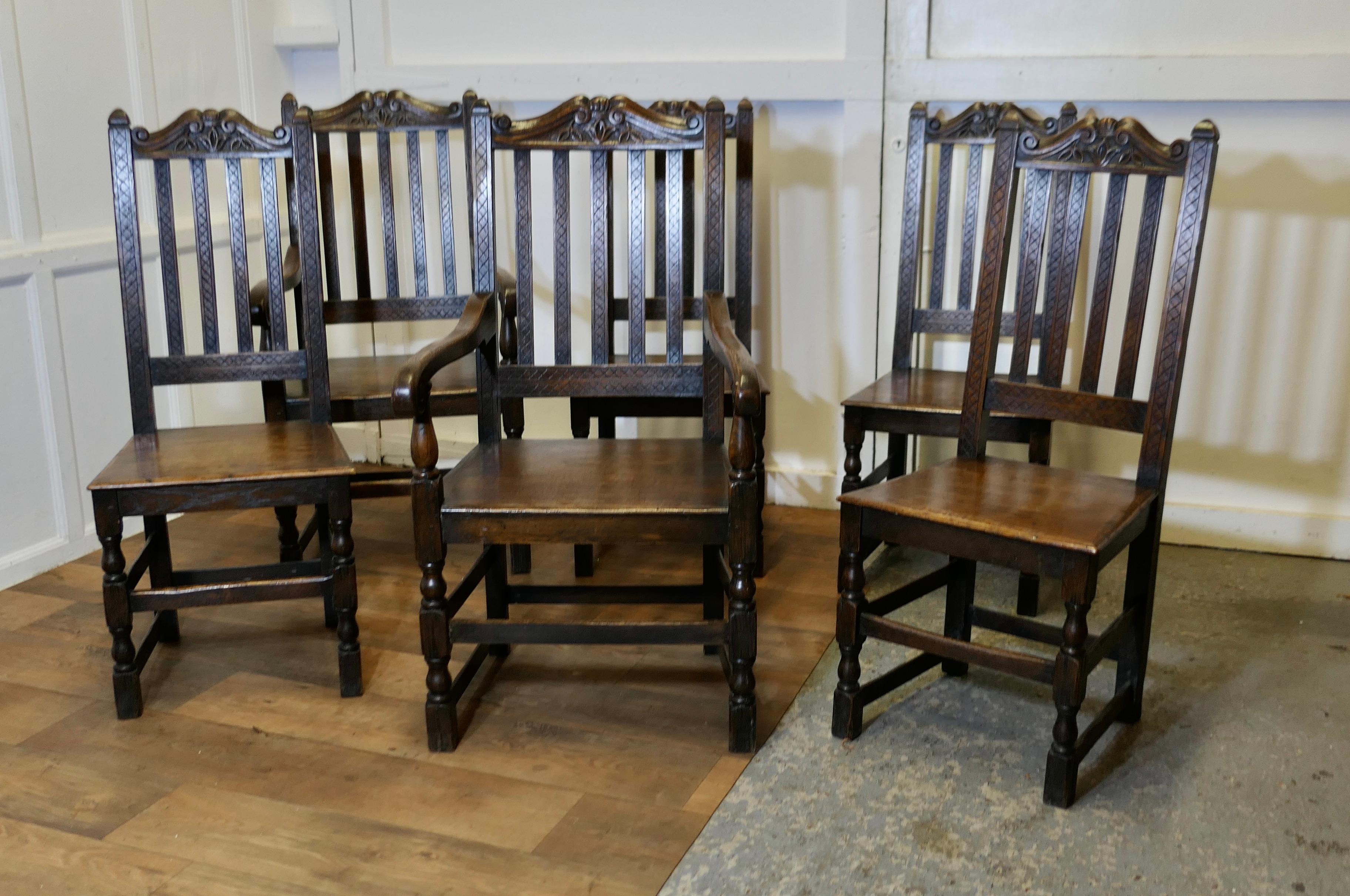Set of 6 19th Century Country dining Chairs 

This is a charming set of Oak dining chairs there are 4 single and 2 Carver chairs
The chairs are in good sturdy condition and have a wonderful natural patina
The carver chairs are 43” high at the back,
