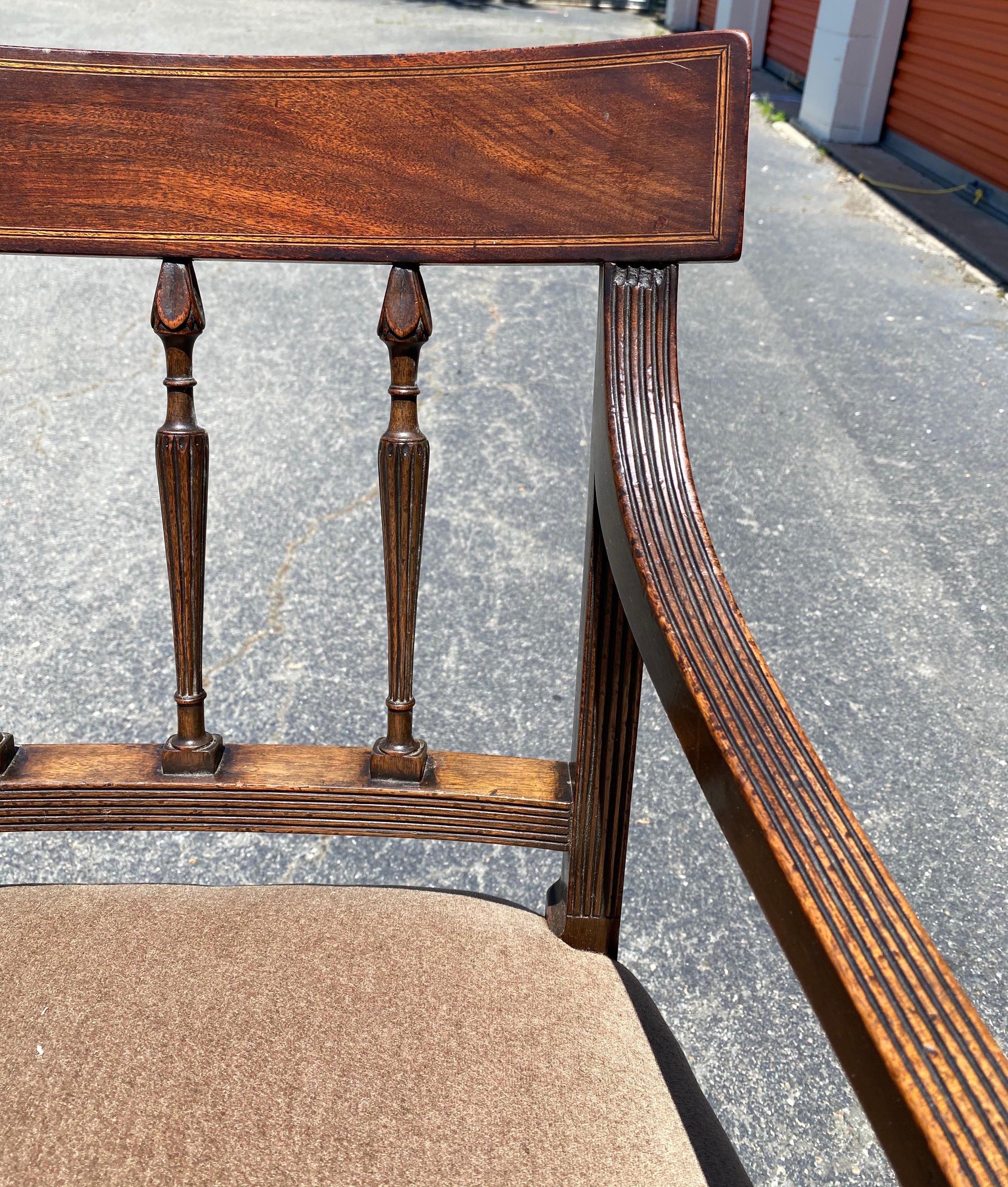 Set of 6 19th century English mahogany chairs with satinwood inlay and mohair fabric. Set consists of 2 arm chairs and 4 side chairs and are in wonderful condition. Tapered legs, reeded arms, and satinwood inlay on the backs. The mohair fabric is in