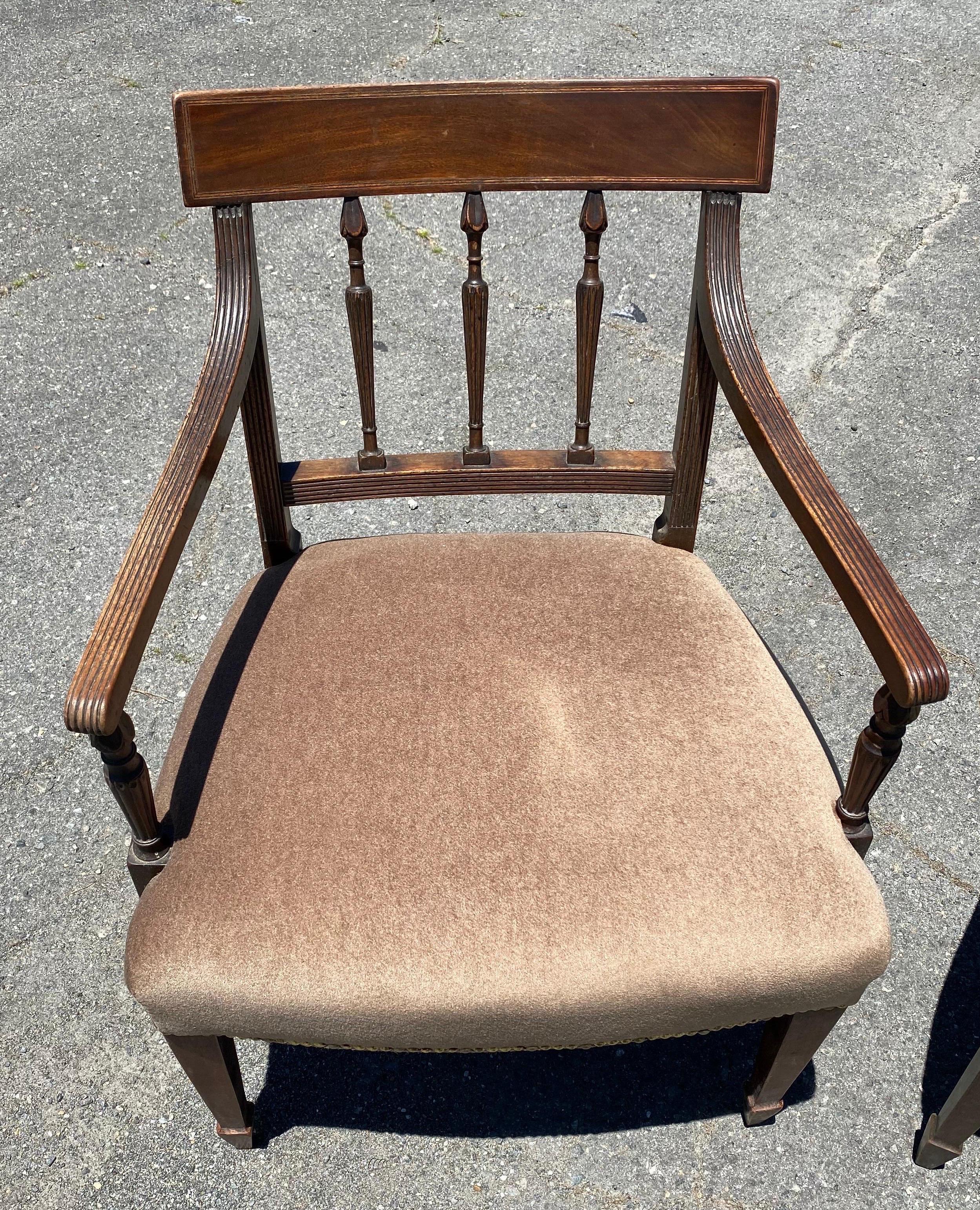 Ensemble de 6 chaises anglaises du 19ème siècle en acajou et tissu mohair en vente 1