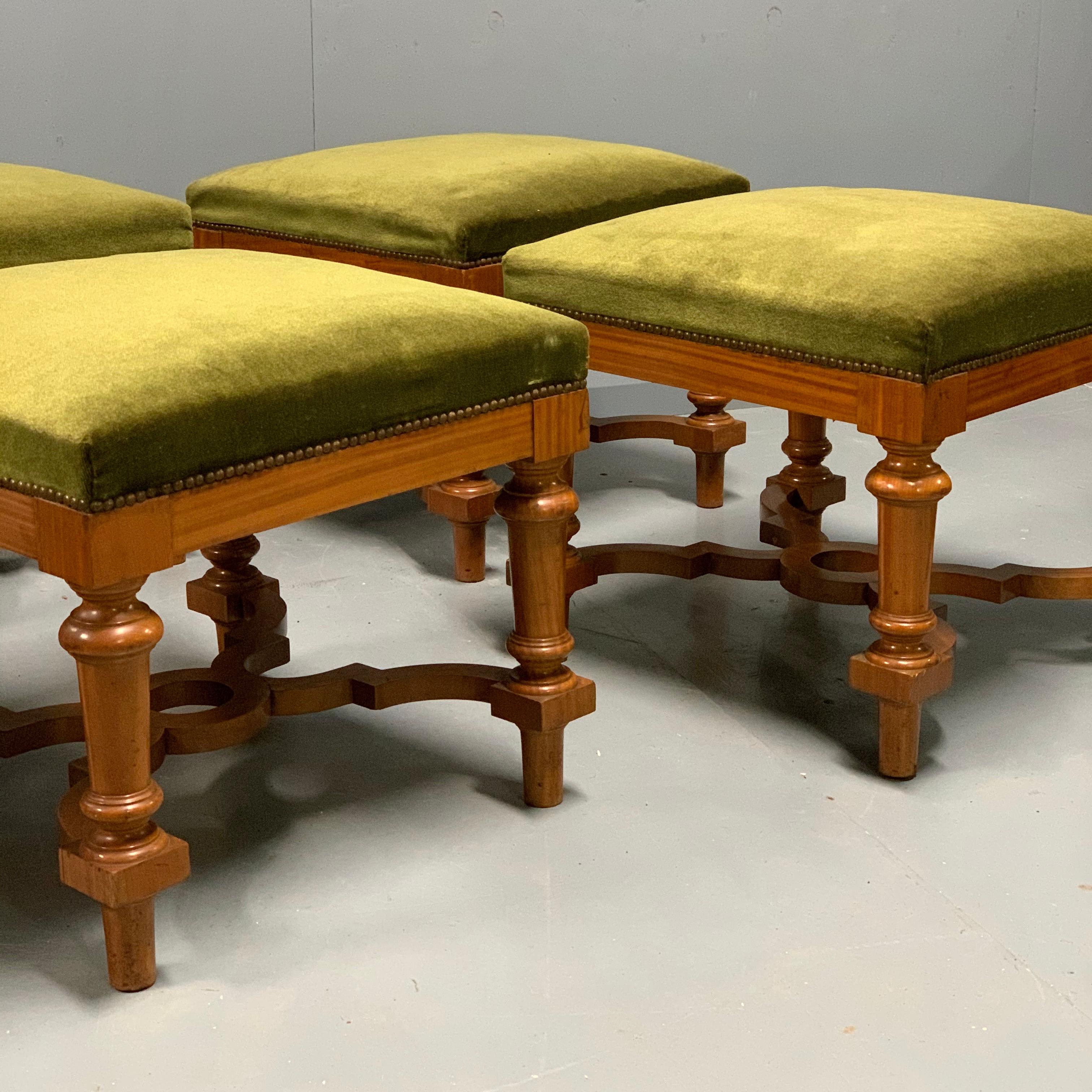 Victorian Set of 6 19th Century English Satinwood Modular Stools in Vintage Green Velvet