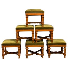 Set of 6 19th Century English Satinwood Modular Stools in Vintage Green Velvet