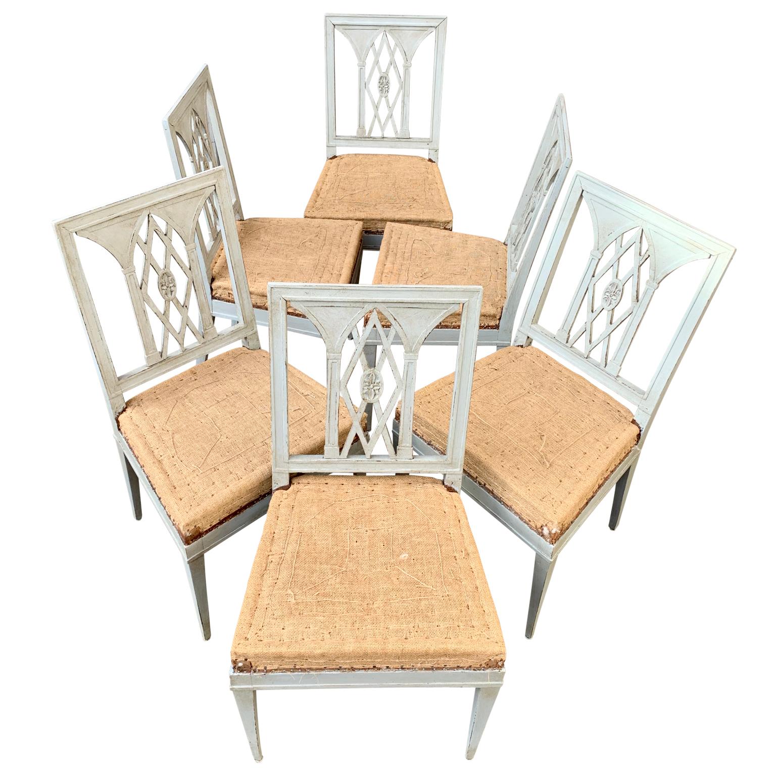 Swedish Set of 6 19th Century Grey Painted Dining Chairs