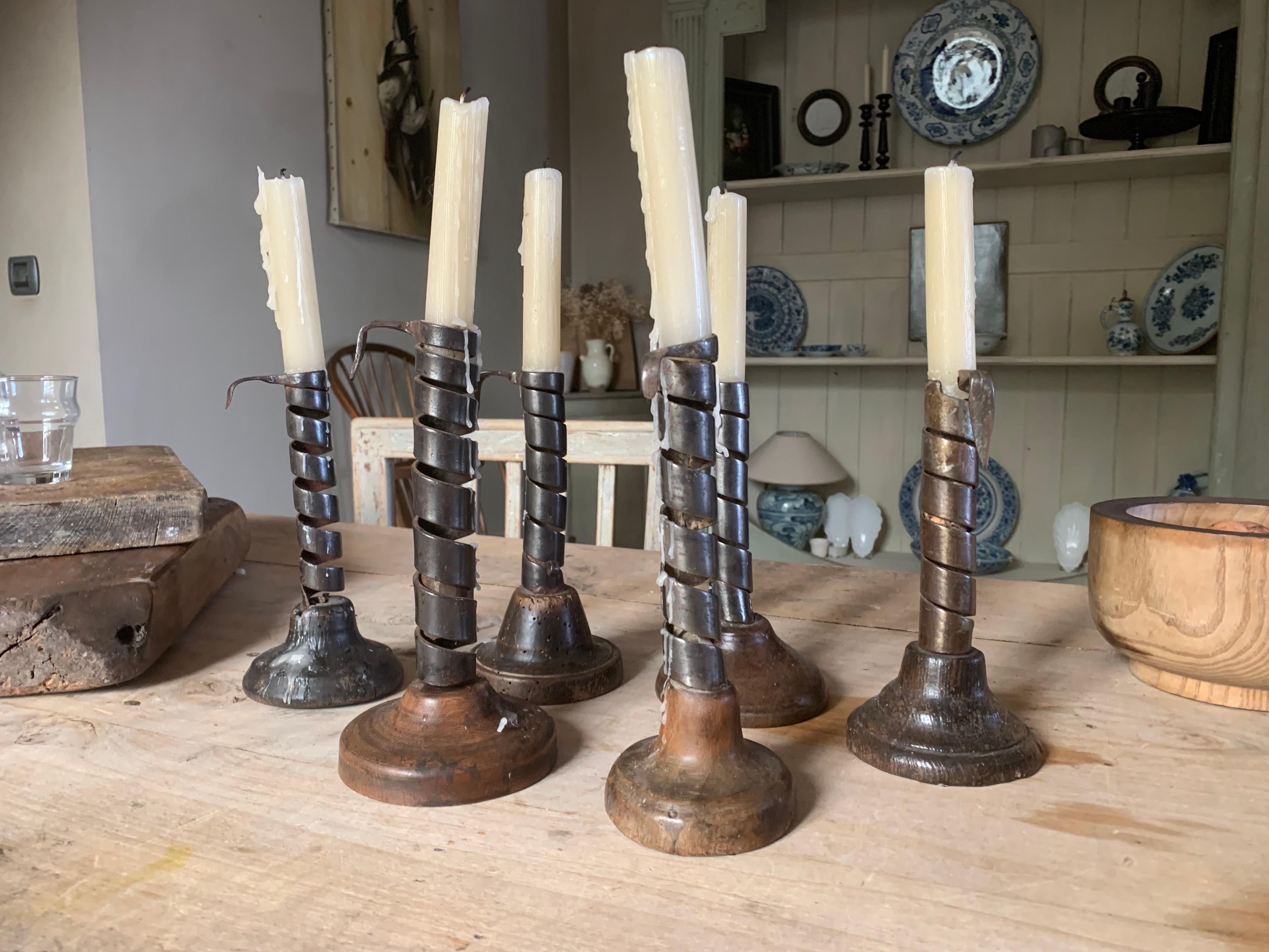 Victorian Set of 6 19th Century Iron and Wood Candlestick Holders