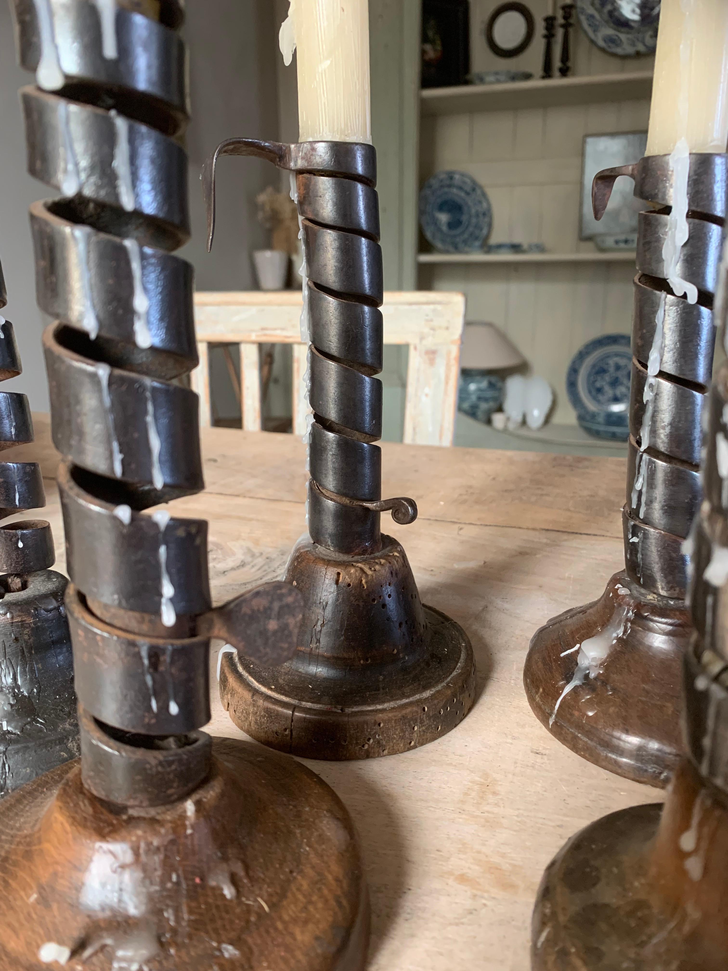 Hand-Crafted Set of 6 19th Century Iron and Wood Candlestick Holders