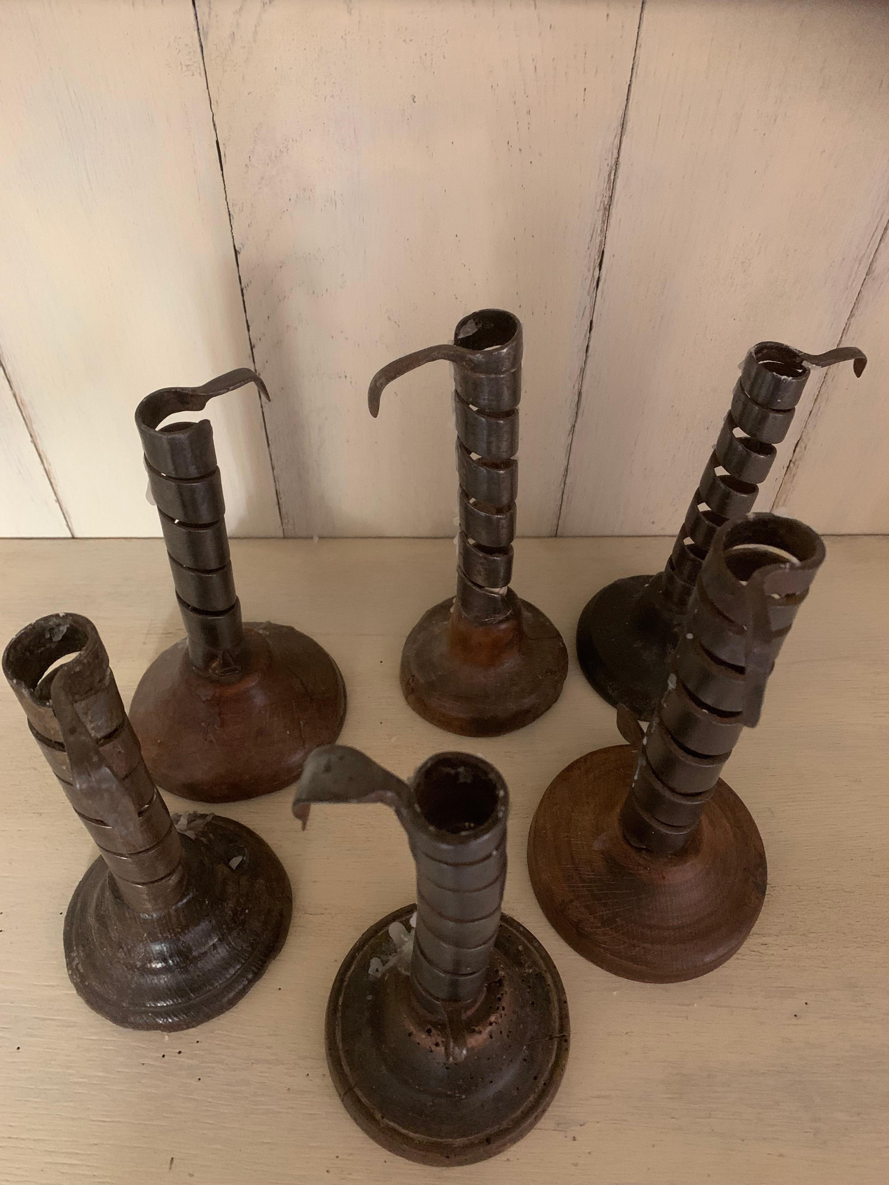 Set of 6 19th Century Iron and Wood Candlestick Holders In Good Condition In Vosselaar, BE