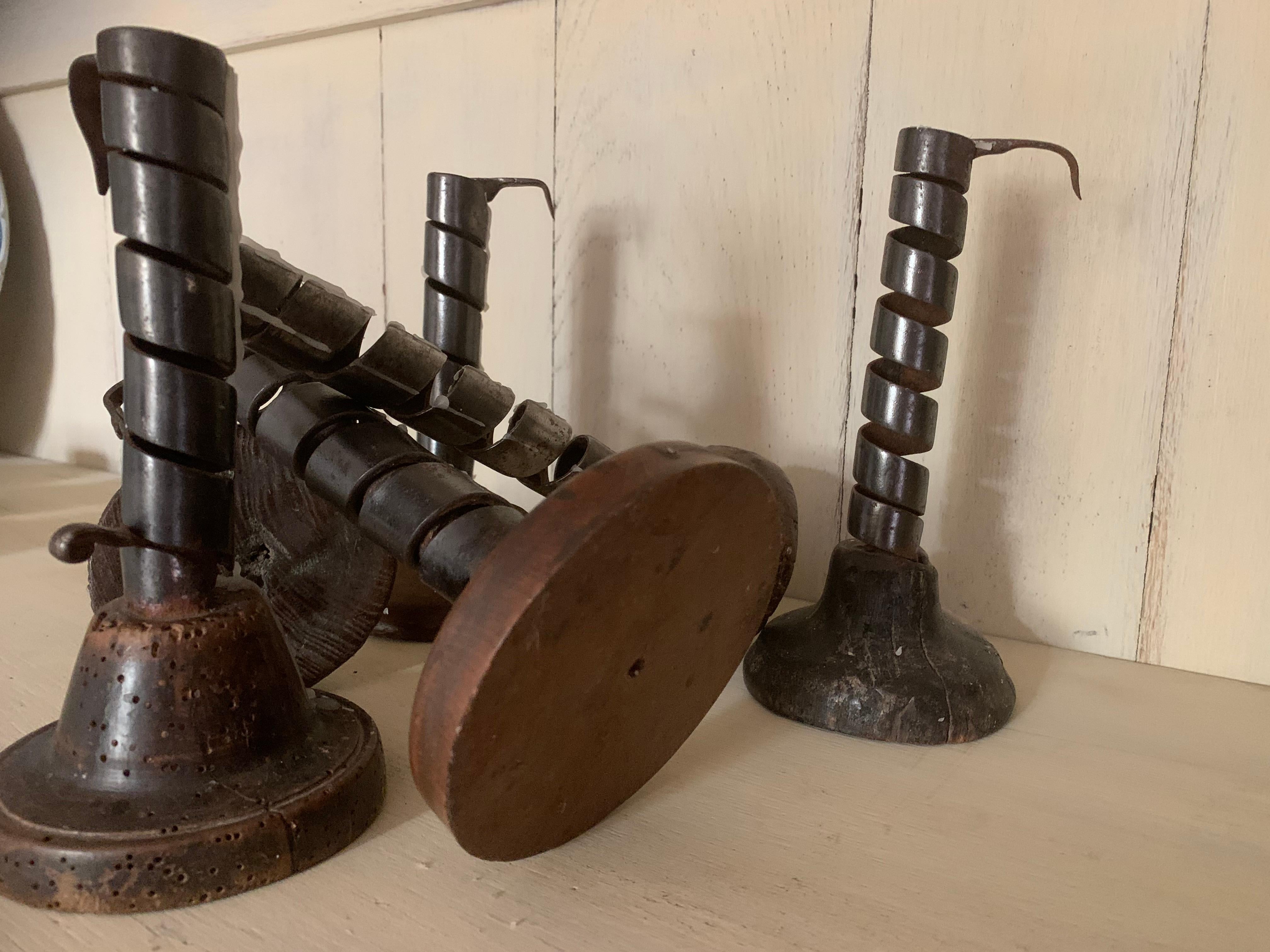 Set of 6 19th Century Iron and Wood Candlestick Holders 1