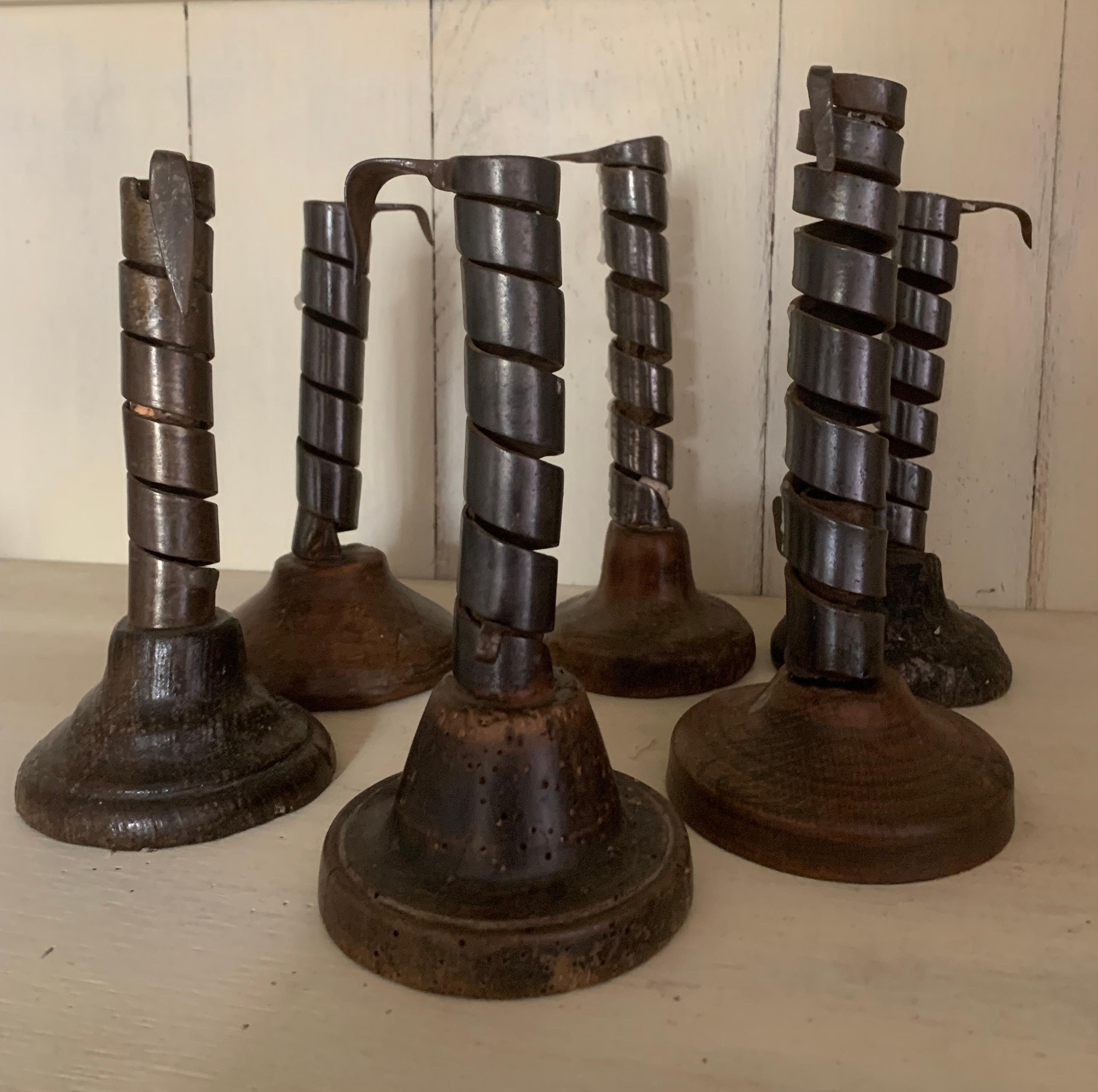 Set of 6 19th Century Iron and Wood Candlestick Holders 2